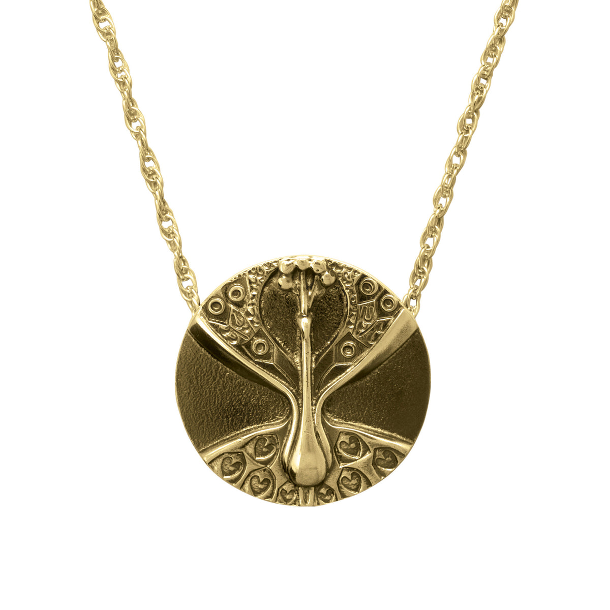 A gold necklace featuring a circular gold pendant with a design of hearts and flowers