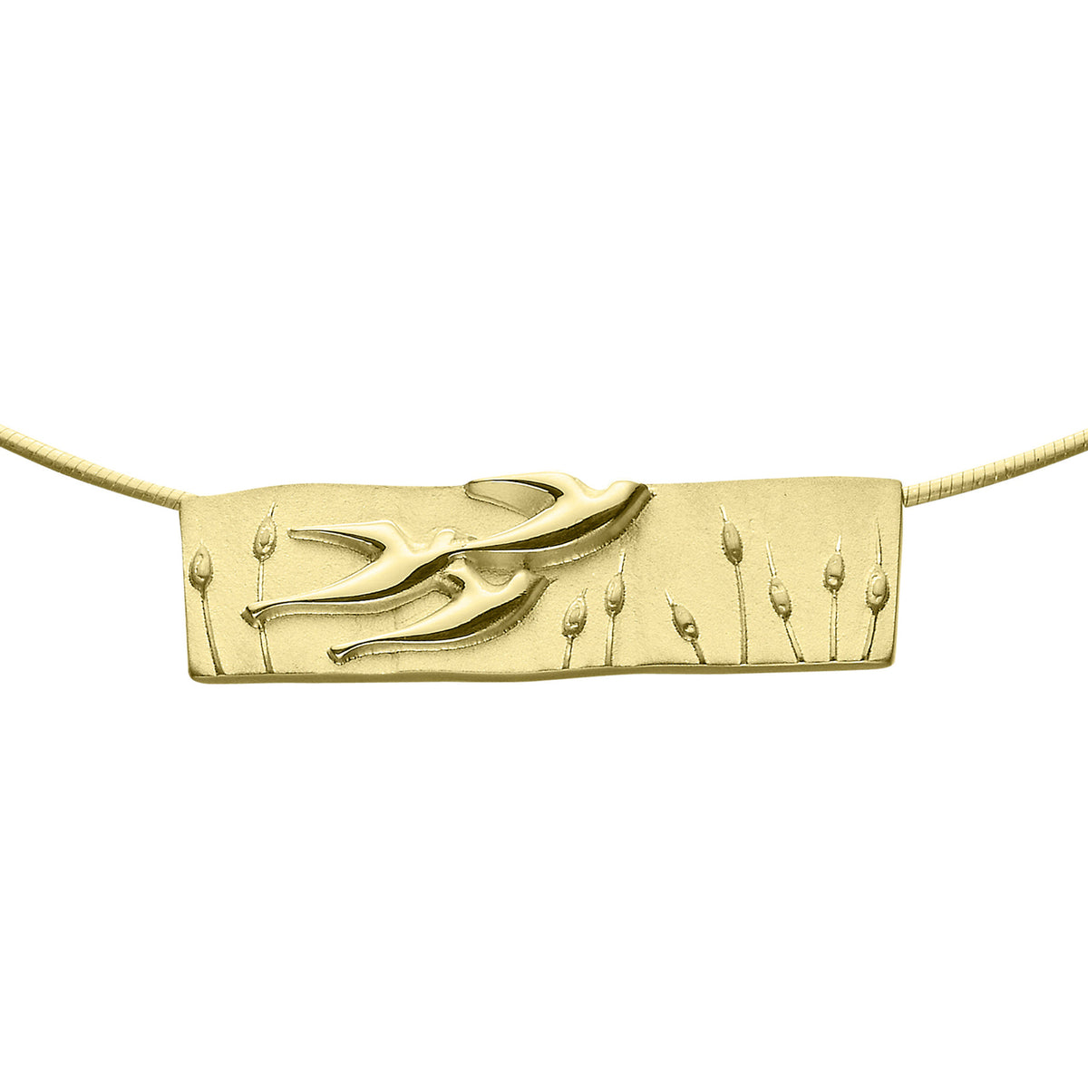 A close up of a gold pendant necklace with 3 bird shapes with grass details from the Birdland Collection