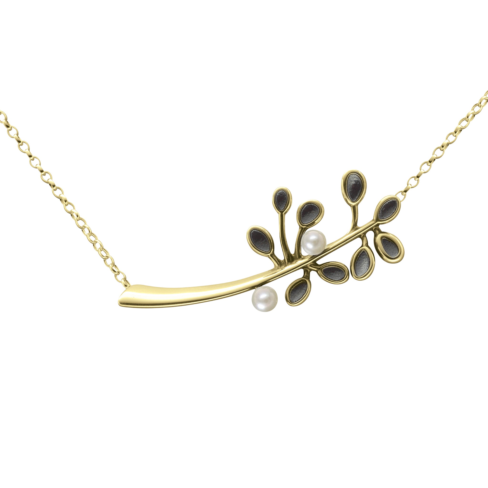 A gold necklace with black detailing on the leaves of a cloudberry and additional pearls