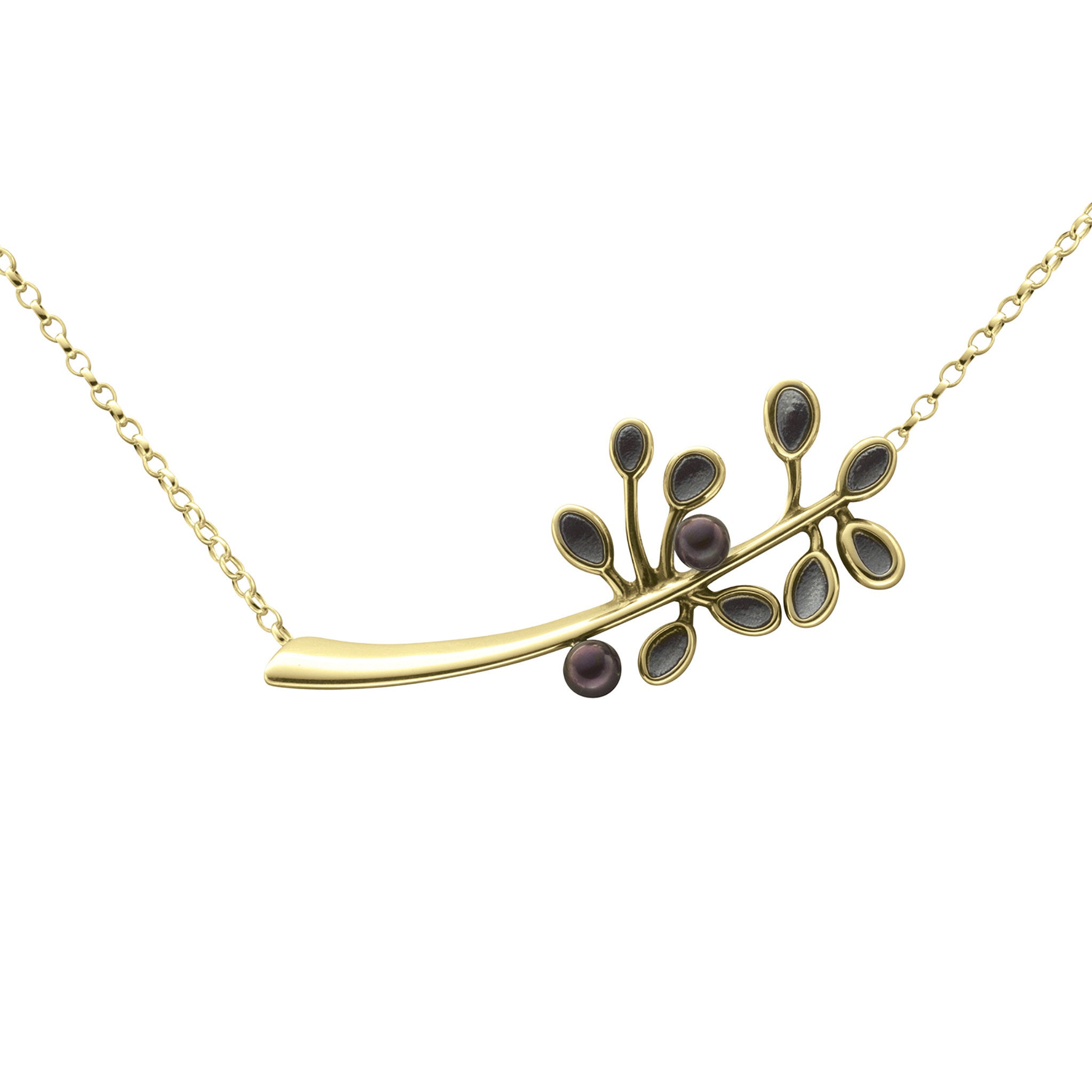 A gold and black pearl necklace with a plat design from the Cloudberry Collection