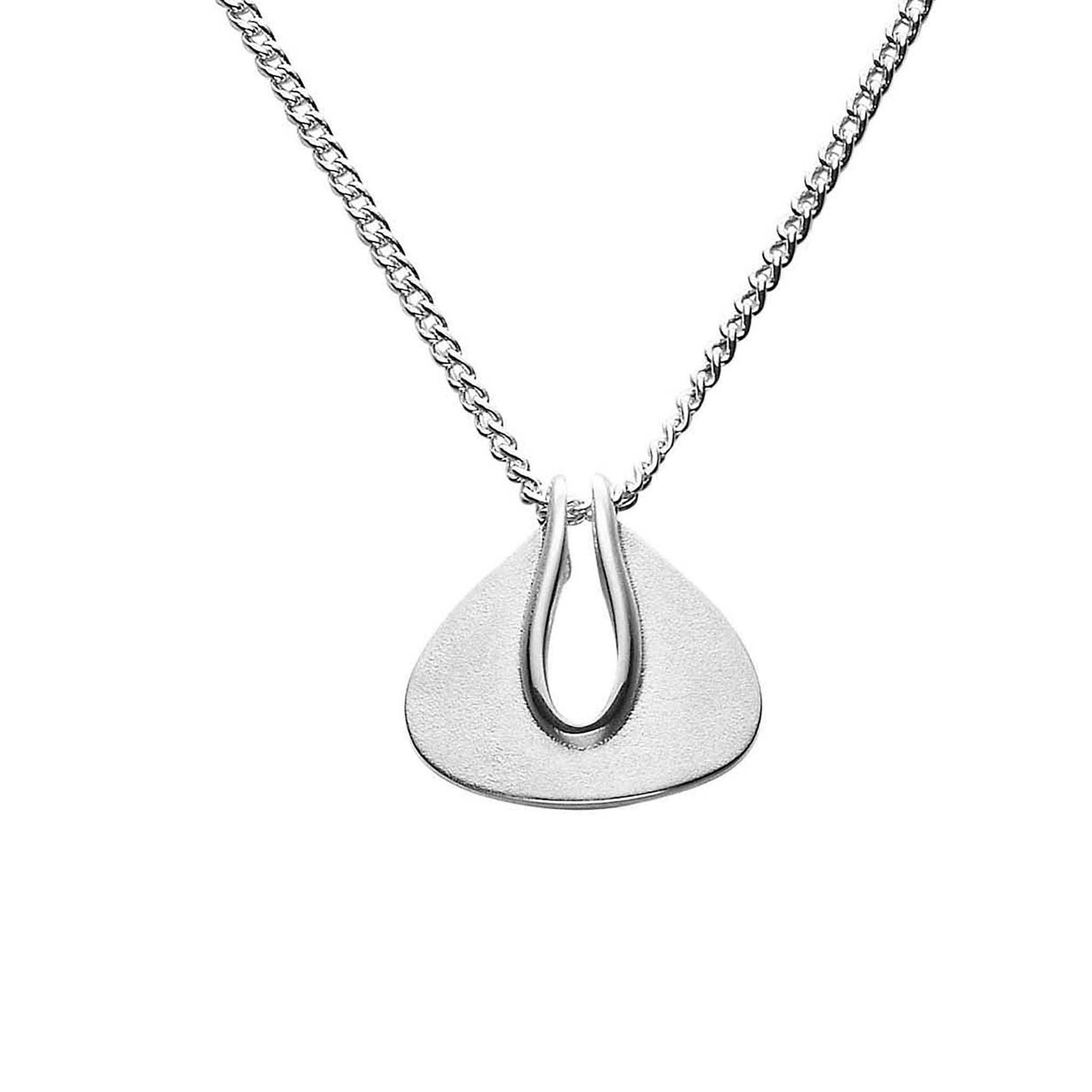 A silver necklace featuring a gold triangular pendant with clean rounded lines and a central groove