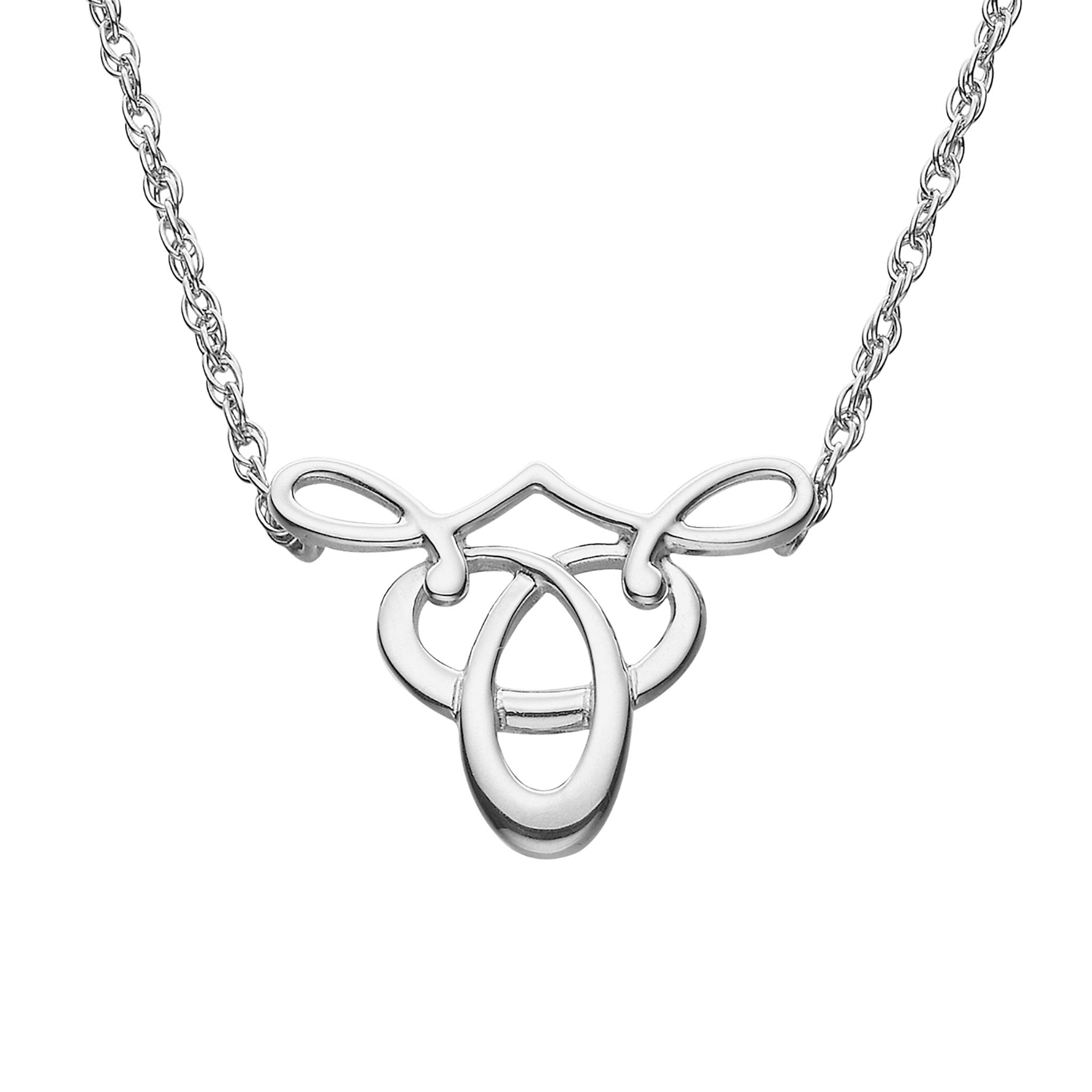 A small silver necklet with a intricate, looped design, suspended from a chain.
