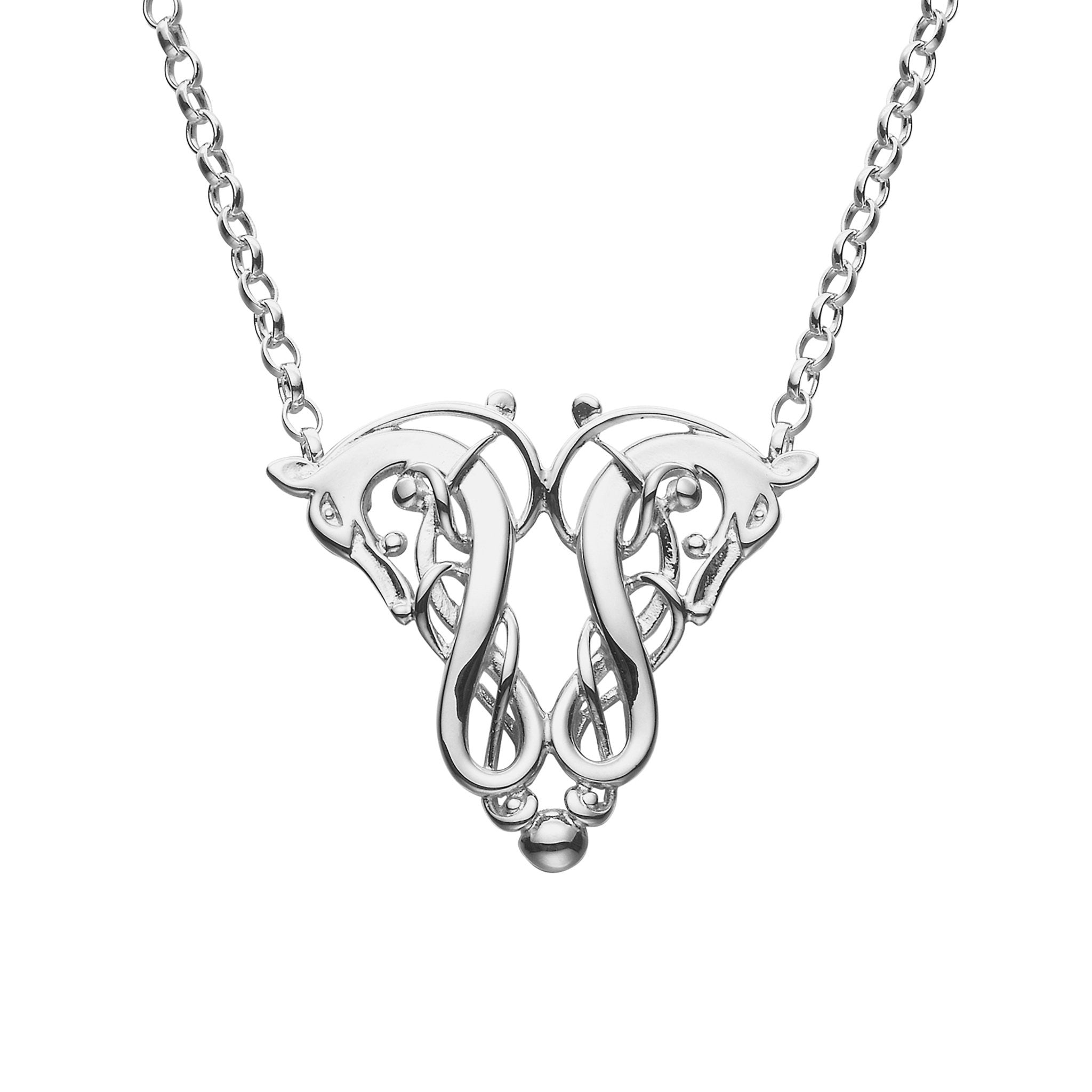 A silver necklace featuring a design of entwined two heads from a mythical beast, from the Finnish Beast collection
