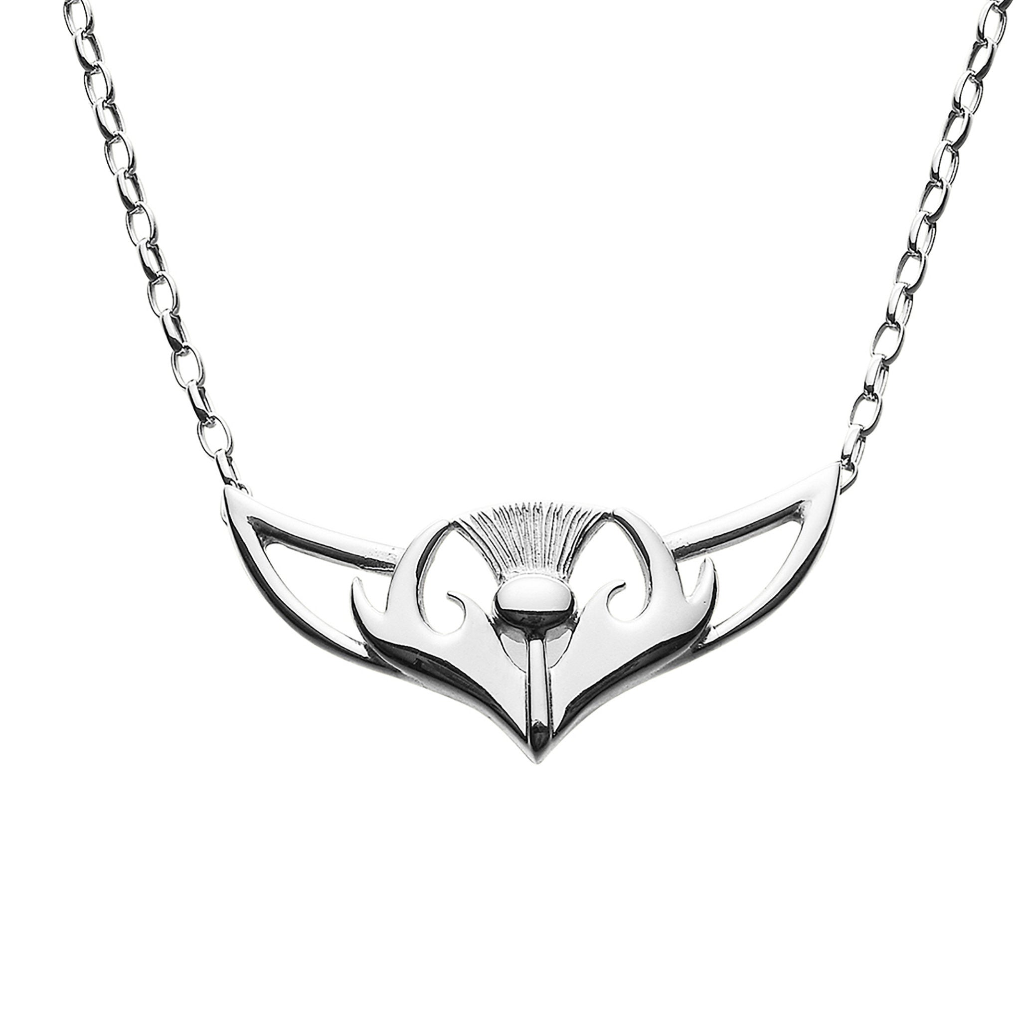 A silver necklace with a intricate, thistle design, suspended from a chain.