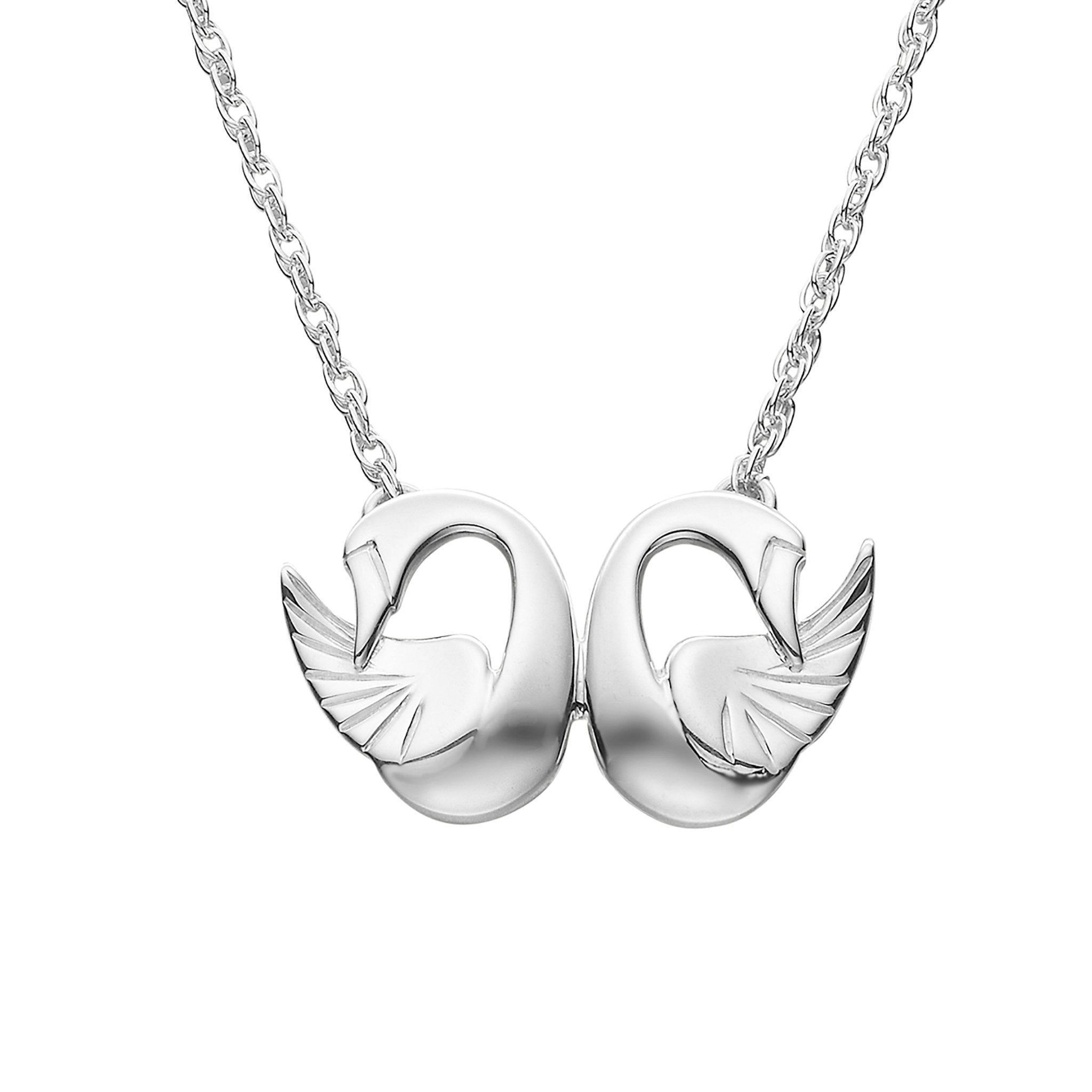 A silver necklace featuring a double swan pendant.