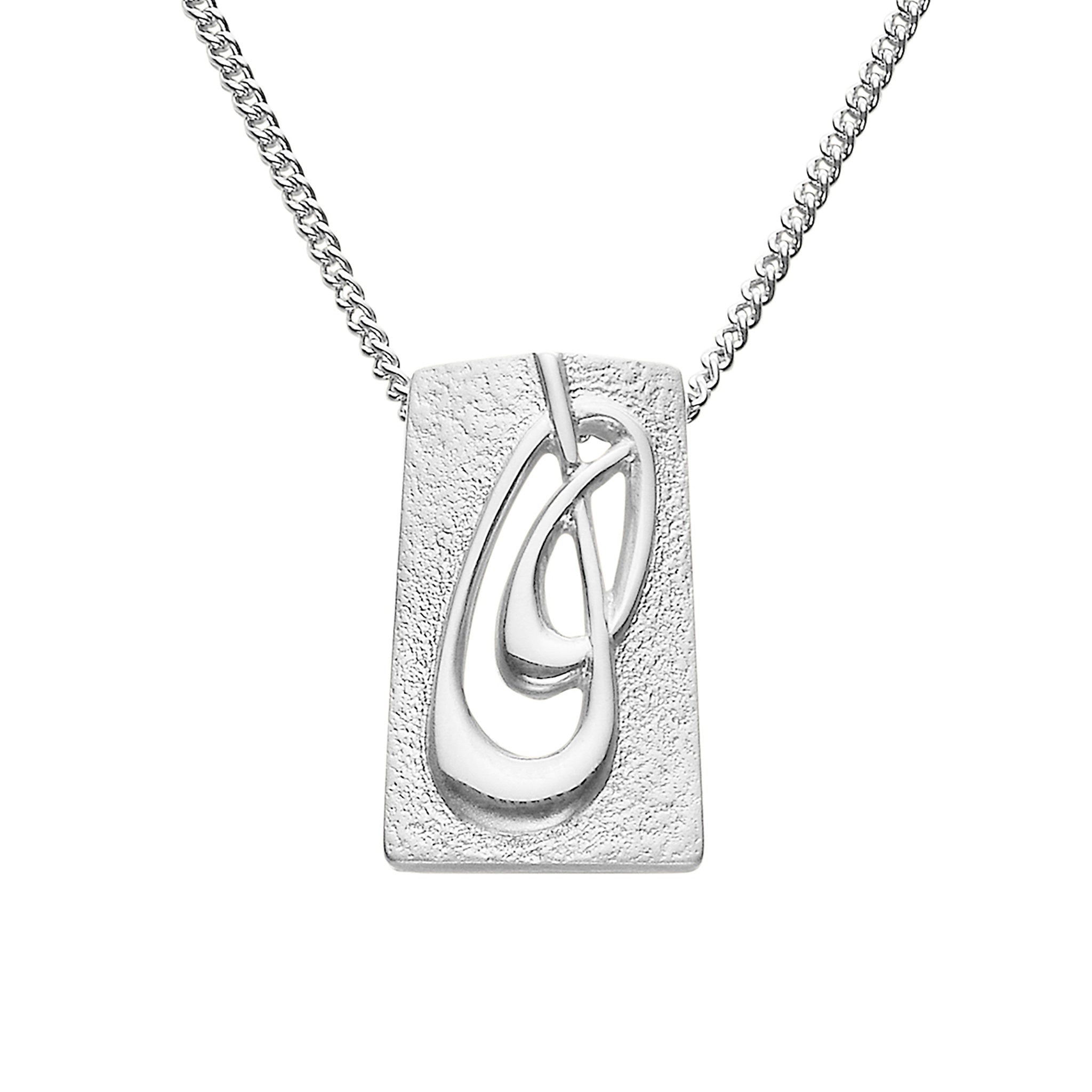 A silver necklace with a small rectangular silver pendant featuring a geometric design