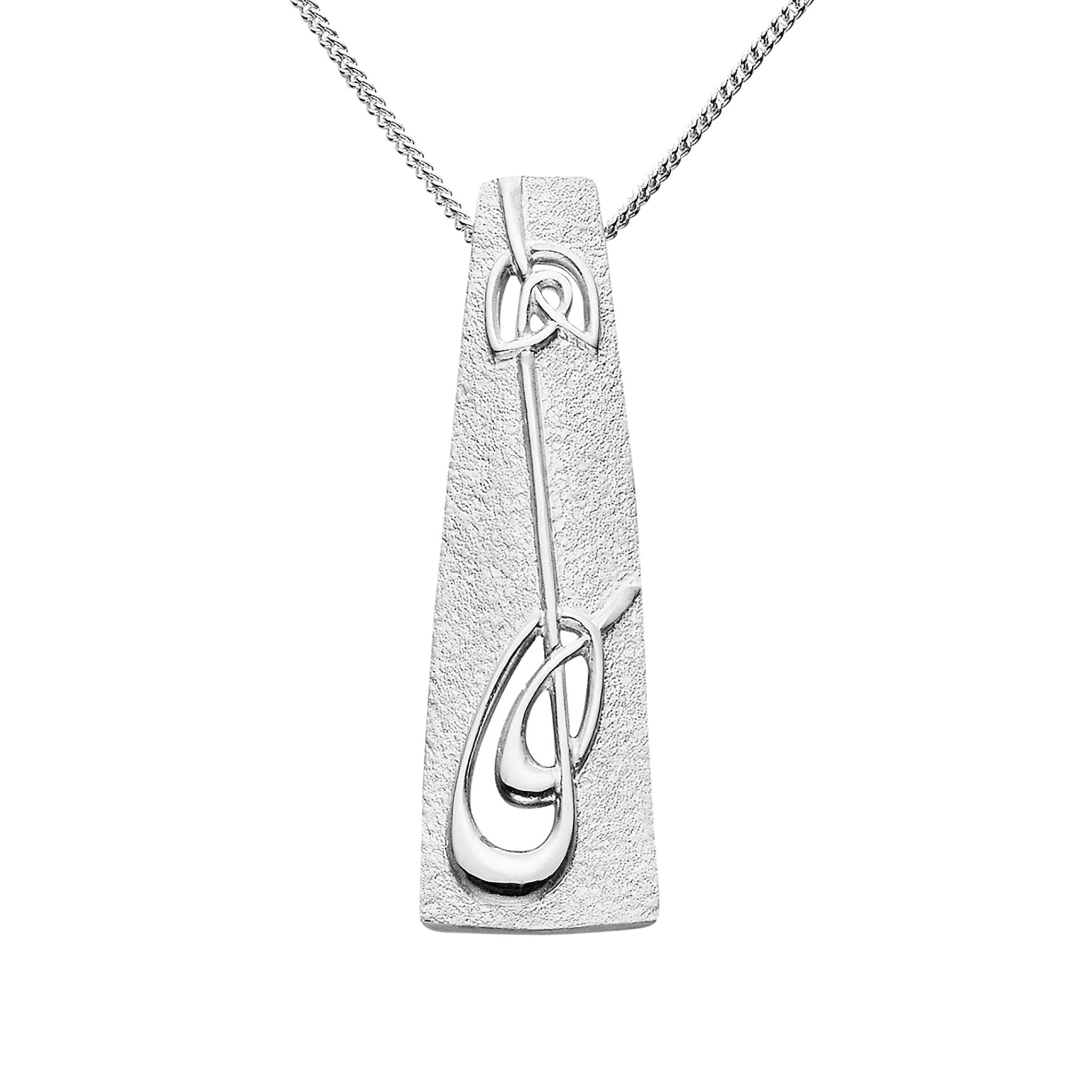 A silver necklace with a long rectangular silver pendant featuring a geometric design