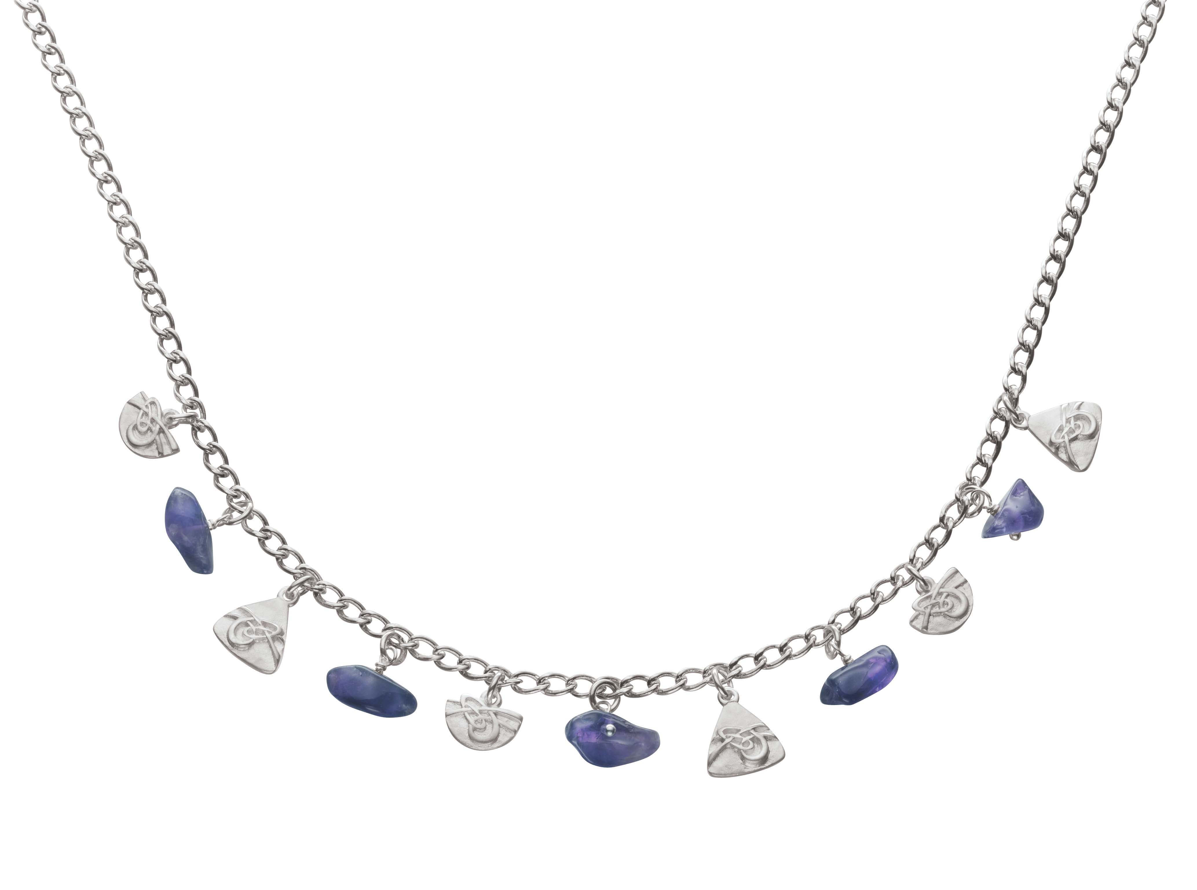 A silver-colored necklet featuring a series of purple amethyst charms linked together.