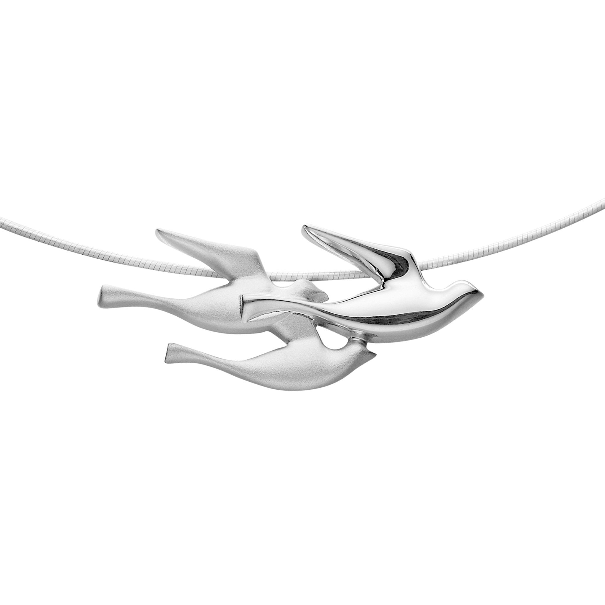 A silver necklace featuring a pendant with three bird shapes in flight from the Birdland Collection