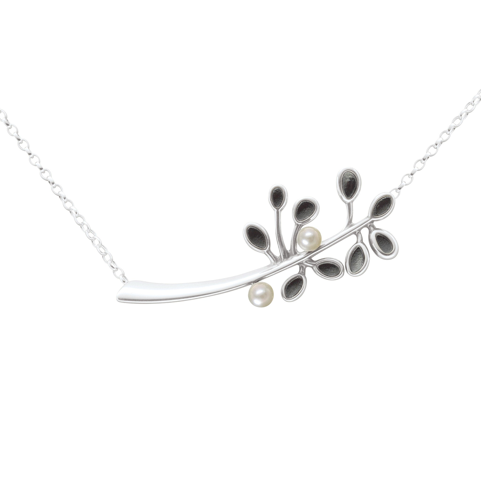 A silver necklace with black detailing on the leaves of a cloudberry and additional pearls