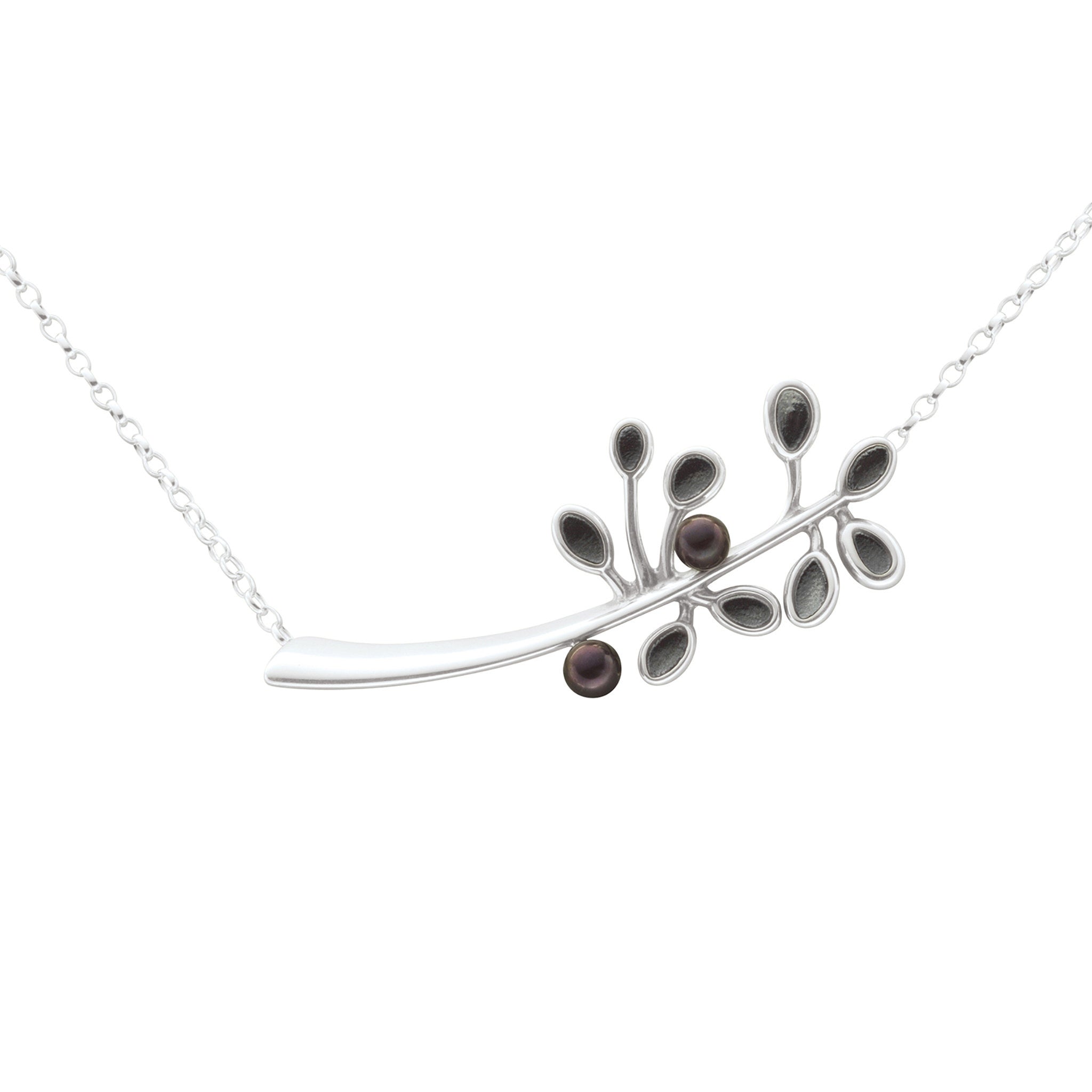 A silver and black pearl necklace with a plat design from the Cloudberry Collection