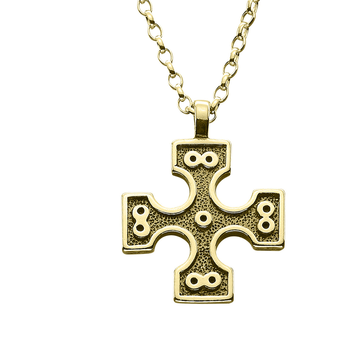 A gold necklace with a square cross design