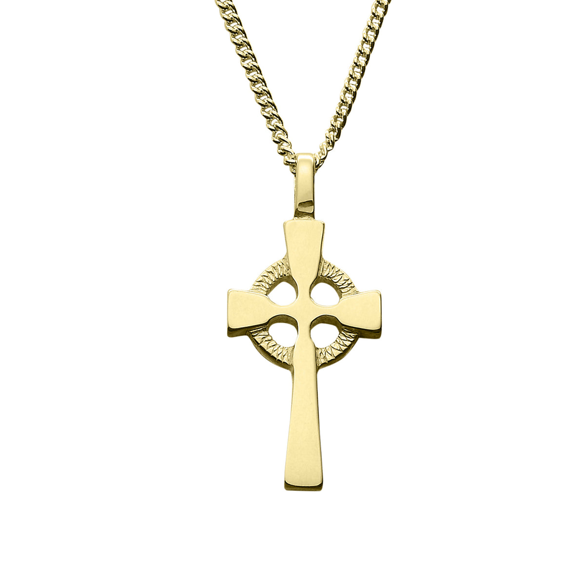 A gold necklace with celtic cross pendant