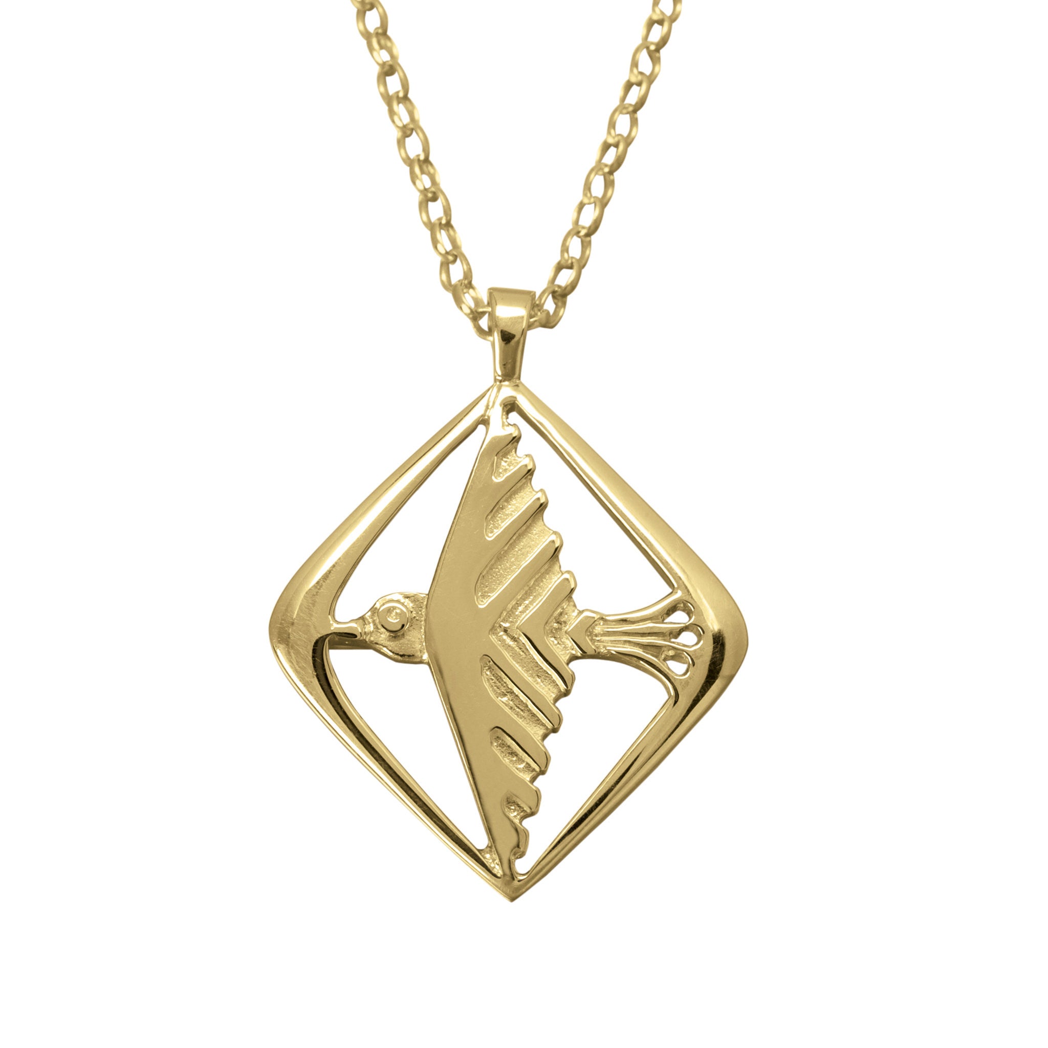 A gold necklace featuring a bird in flight within its pendant