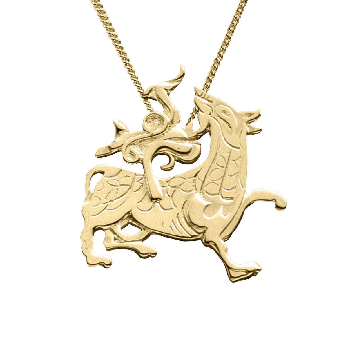 A gold necklace featuring a detailed dragon pendant, inspired by the Viking carvings at Maeshowe in Orkney.