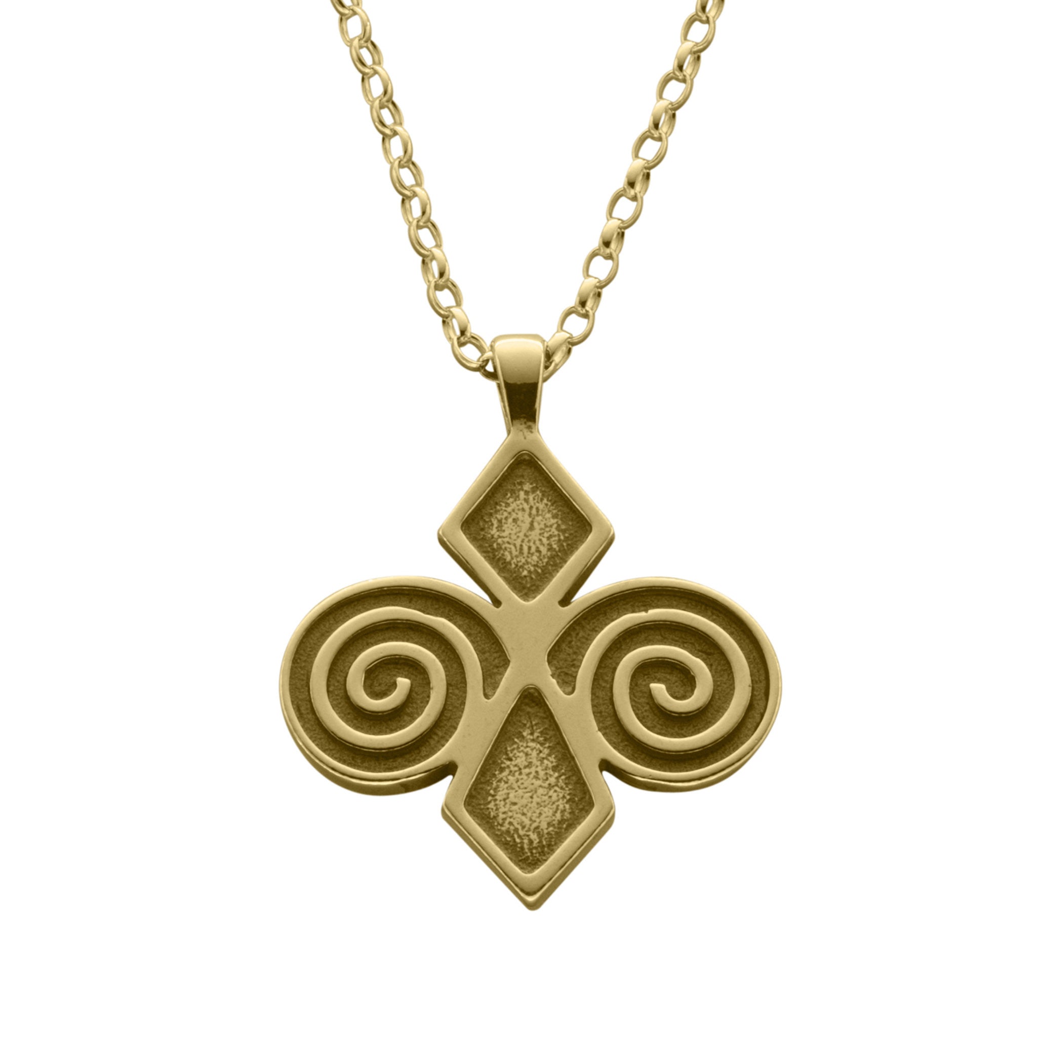 A gold necklace with a geometric designed pendant featuring diamond shapes and swirls