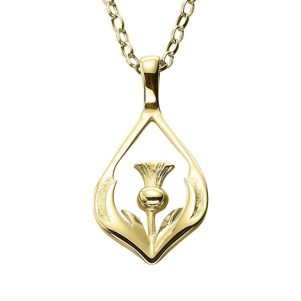 A gold necklace with a drop pendant featuring a thistle design