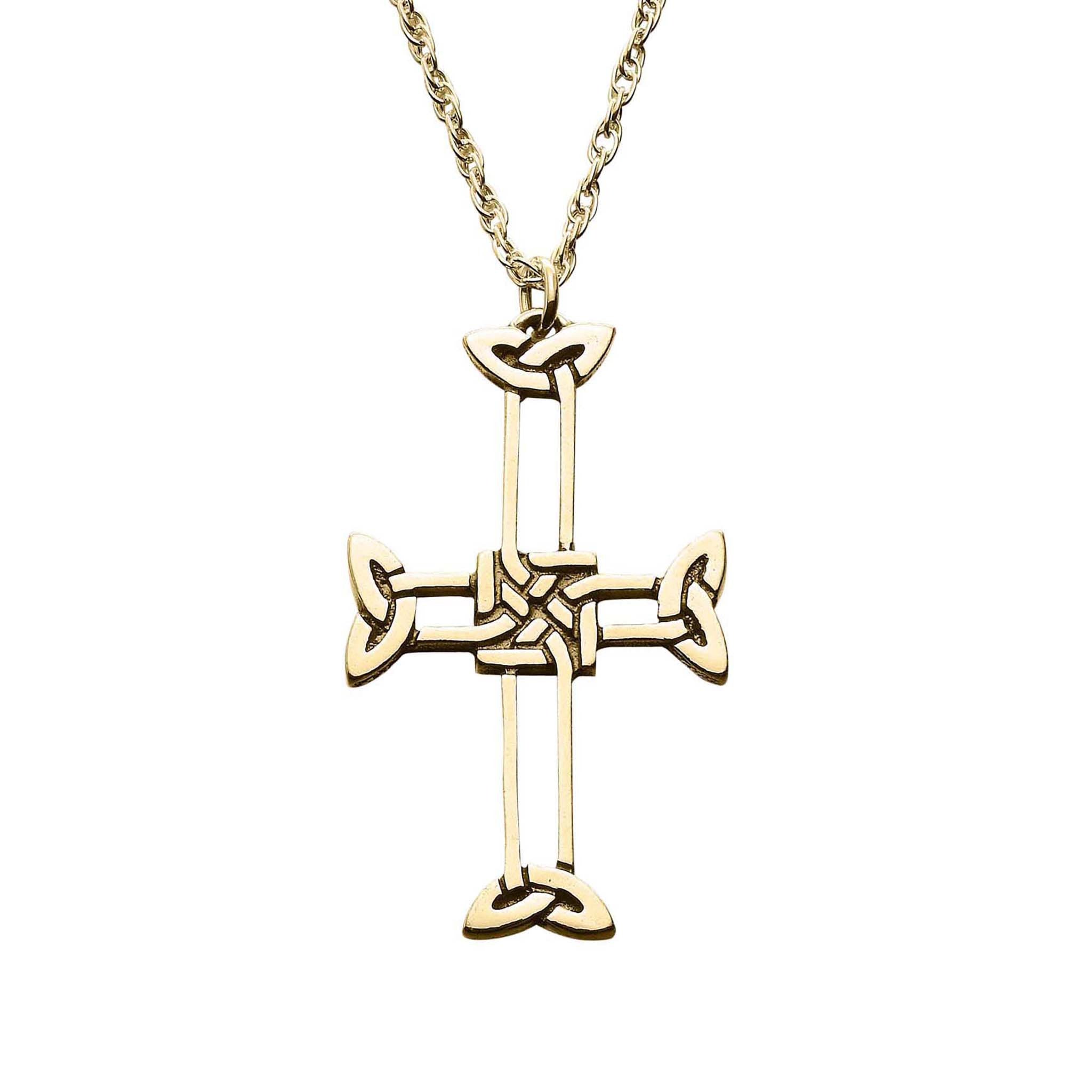 A gold pendant in the shape of a Celtic cross, likely made from sterling silver.
