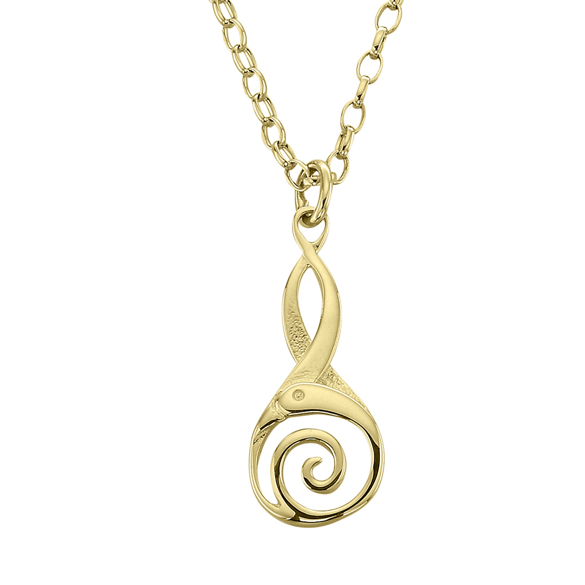 A gold pendant necklace featuring a simple bird design, inspired by the Book of Kells.