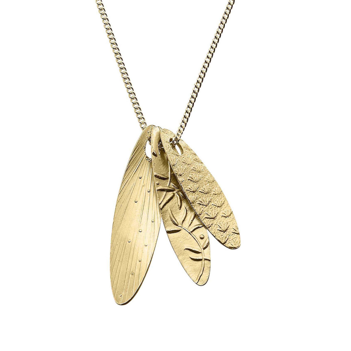 A gold pendant necklace featuring three leaf-shaped pendants that features plant designs.