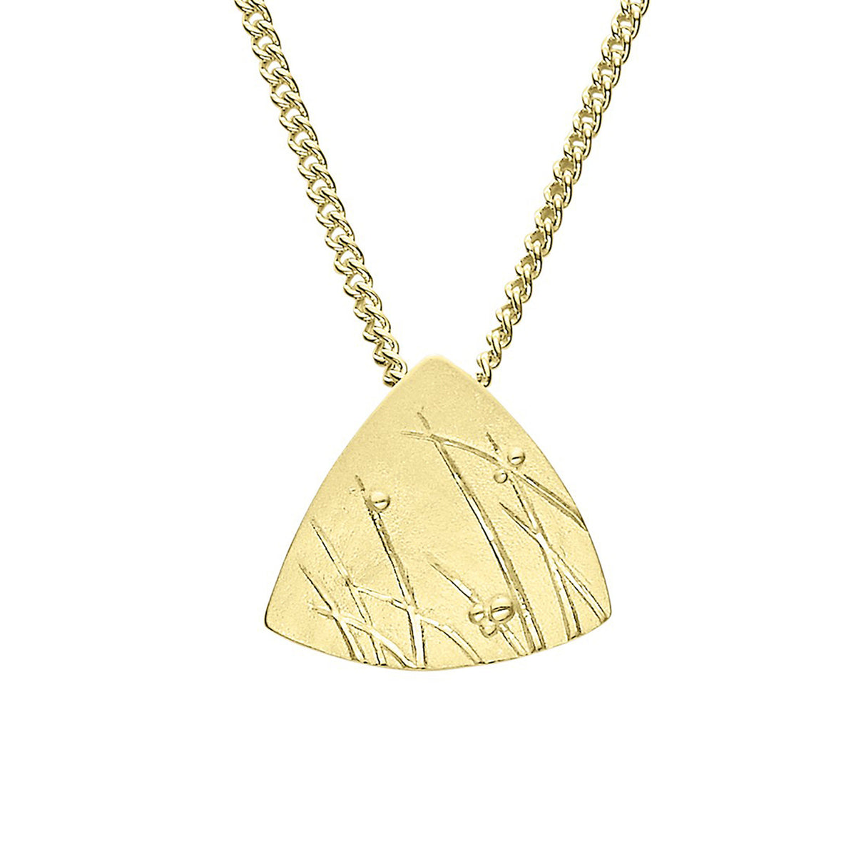 A gold pendant necklace with a triangular pendant featuring a grass-like pattern, displayed against a white background.