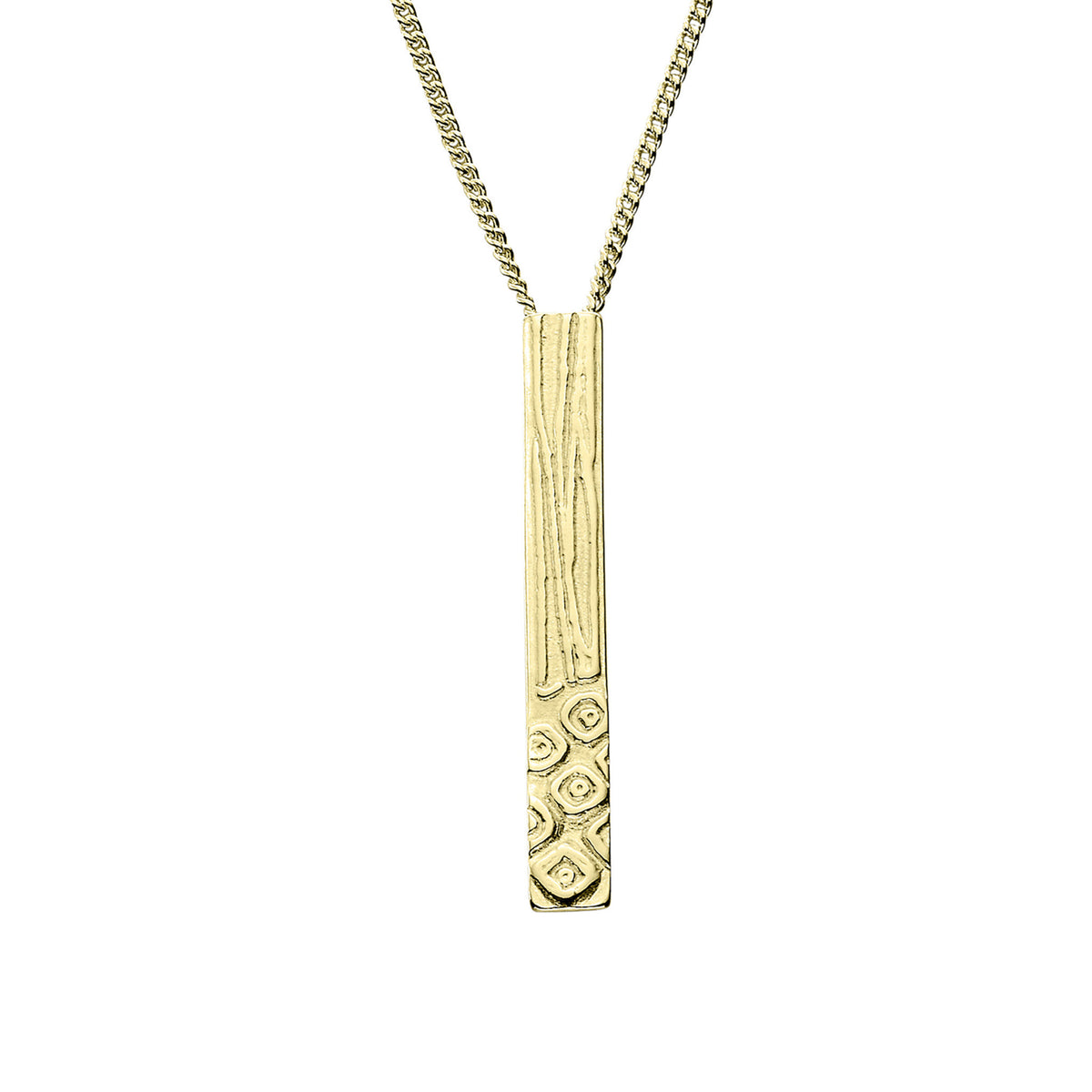 A thin gold pendant with a geometric pattern, attached to a chain.