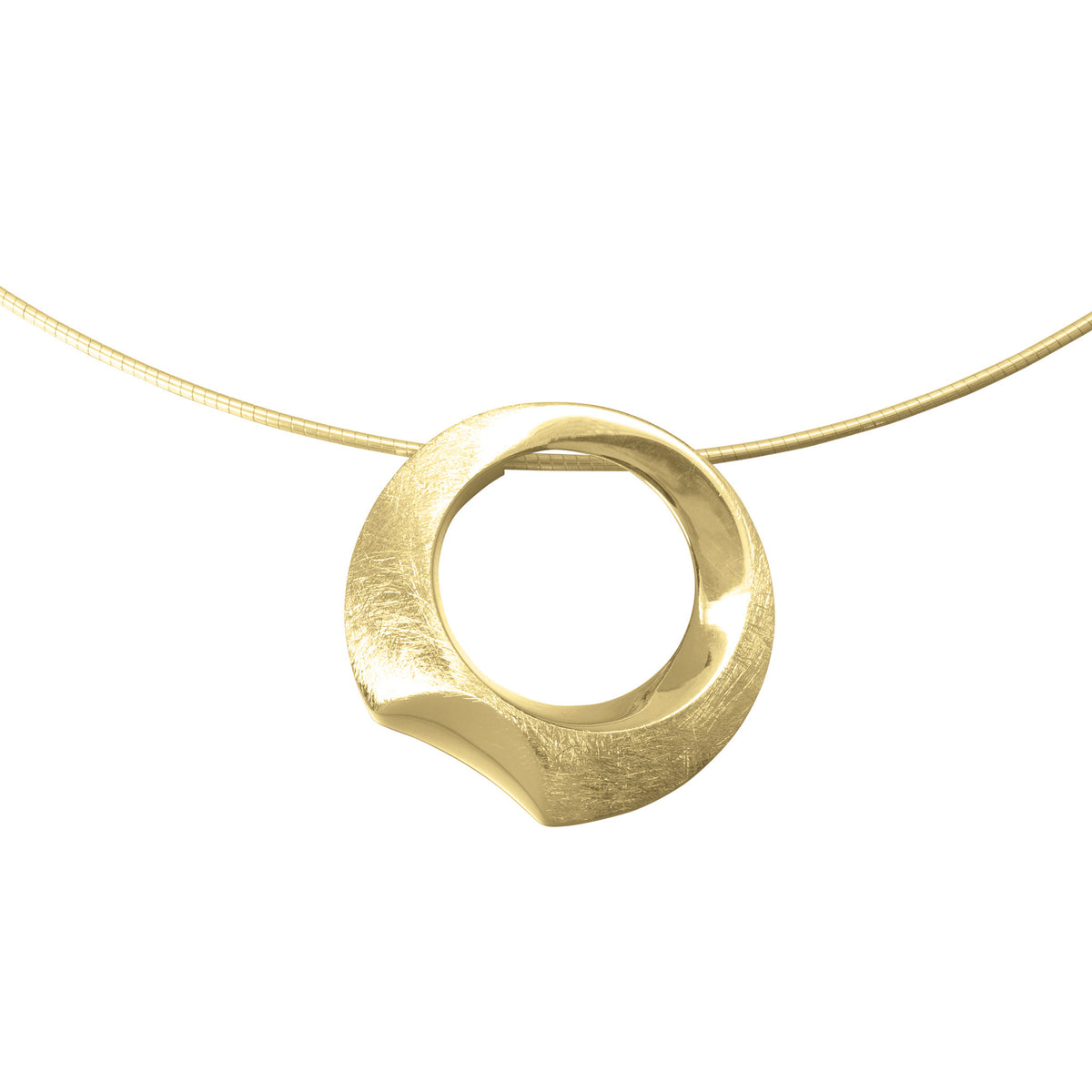 A gold necklace with a textured circular pendant