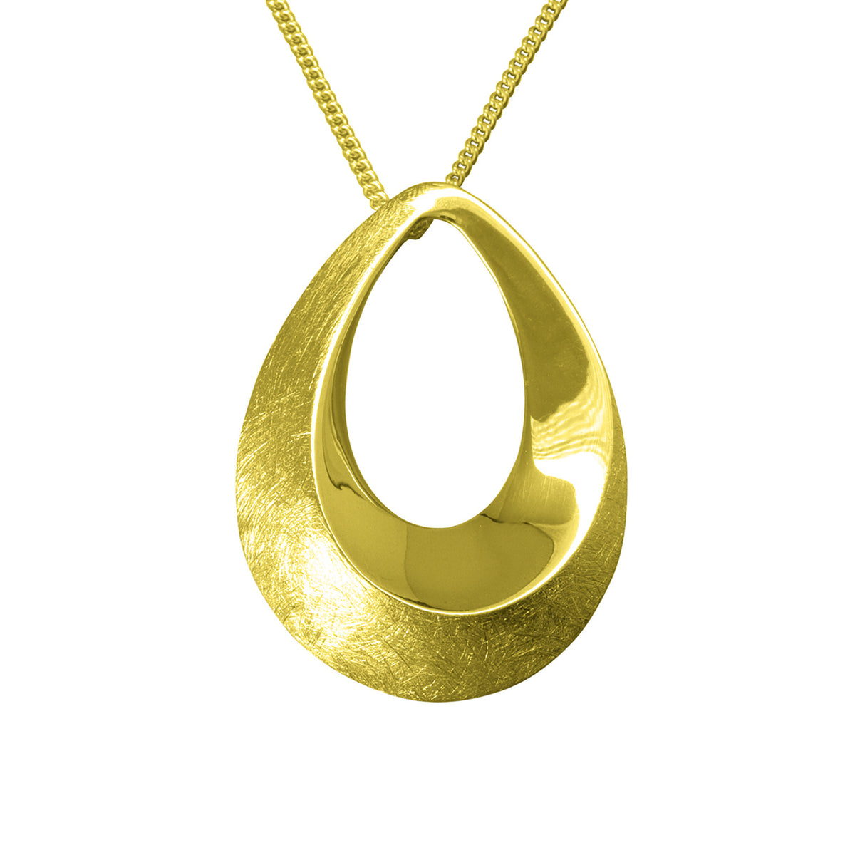 A gold necklace with a textured loop pendant
