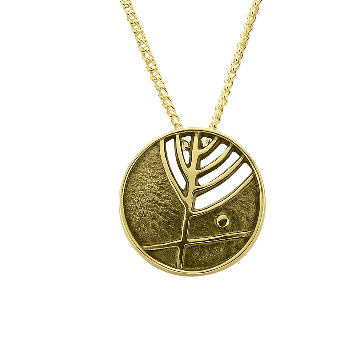 A gold pendant necklace featuring a circular design with runes, displayed against a white background.