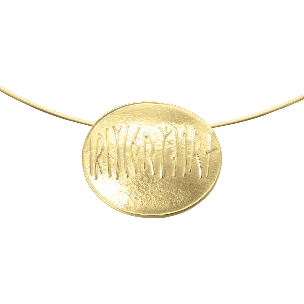 A gold necklace with an oval pendant featuring runes