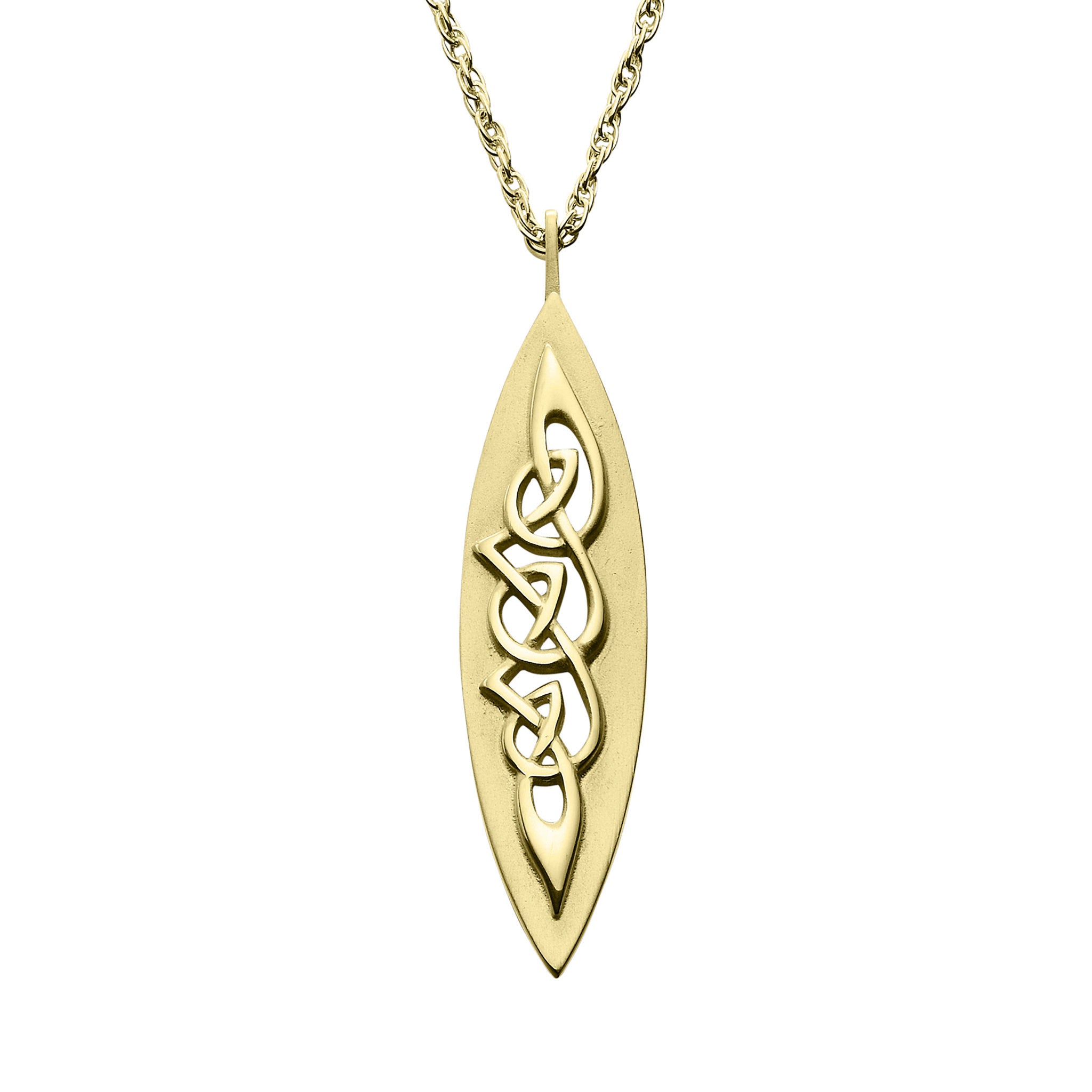 A gold necklace featuring a oval drop pendant with twisted Celtic knots
