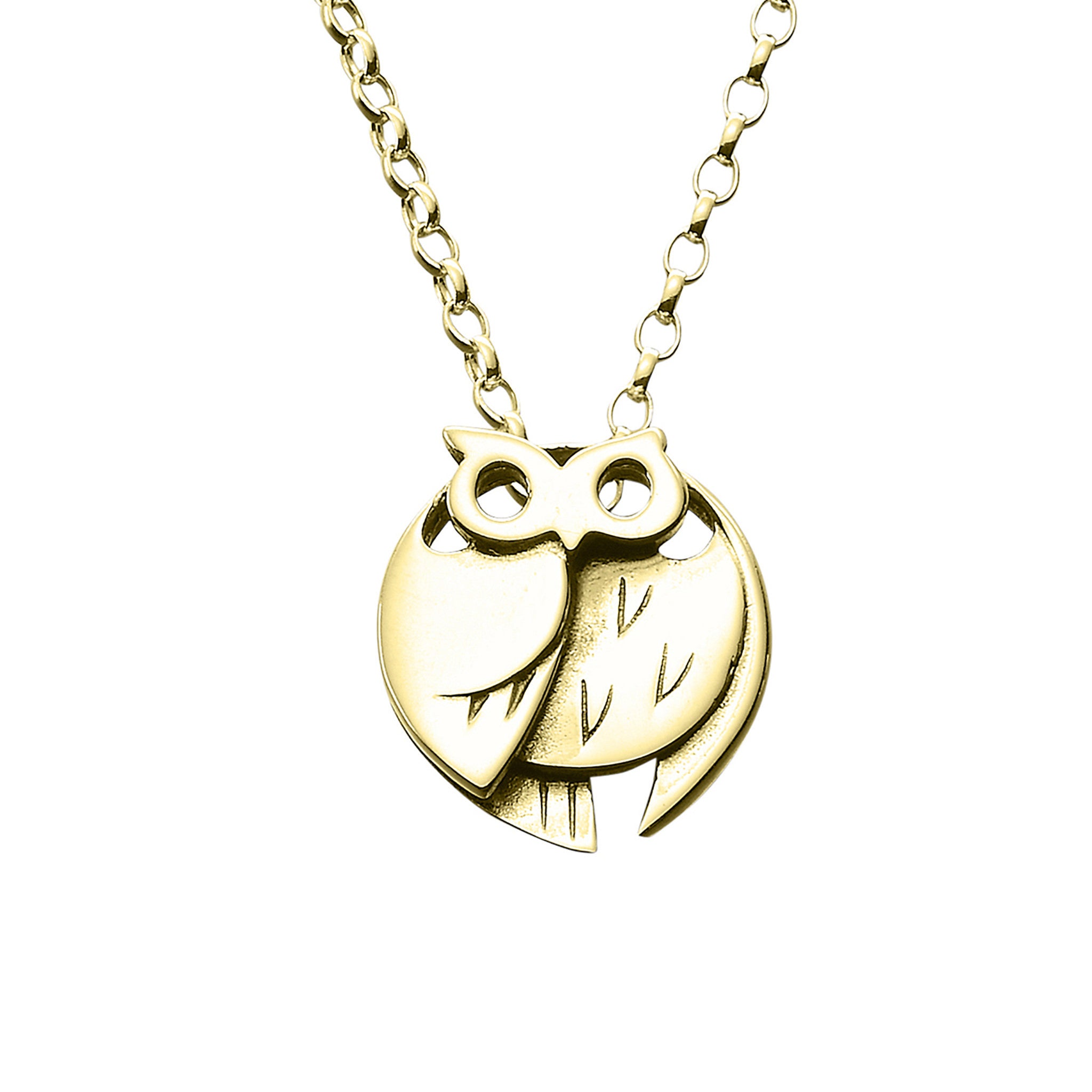 A gold pendant necklace featuring a stylish owl design, displayed against a white background.