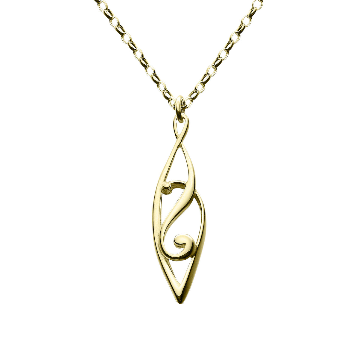 A gold pendant necklace with a dynamic, swirling geometric design, suspended from a chain.