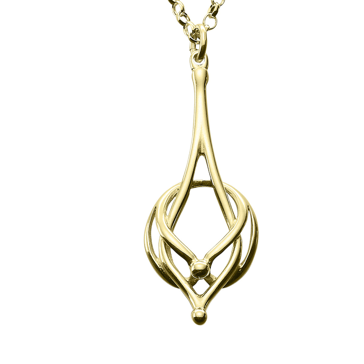 A gold Art Nouveau style pendant necklace with an intricate openwork design.