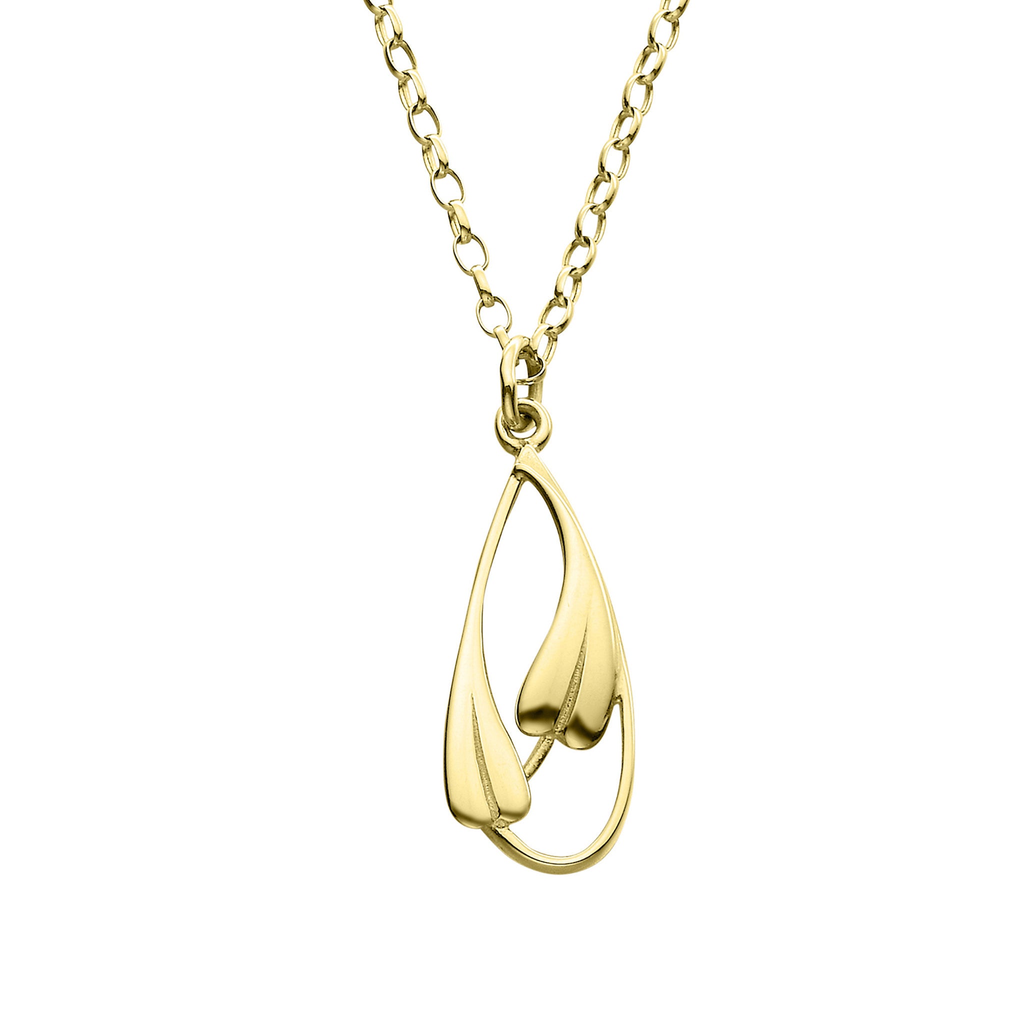 A gold pendant necklace featuring a delicate leaf design, displayed against a white background.