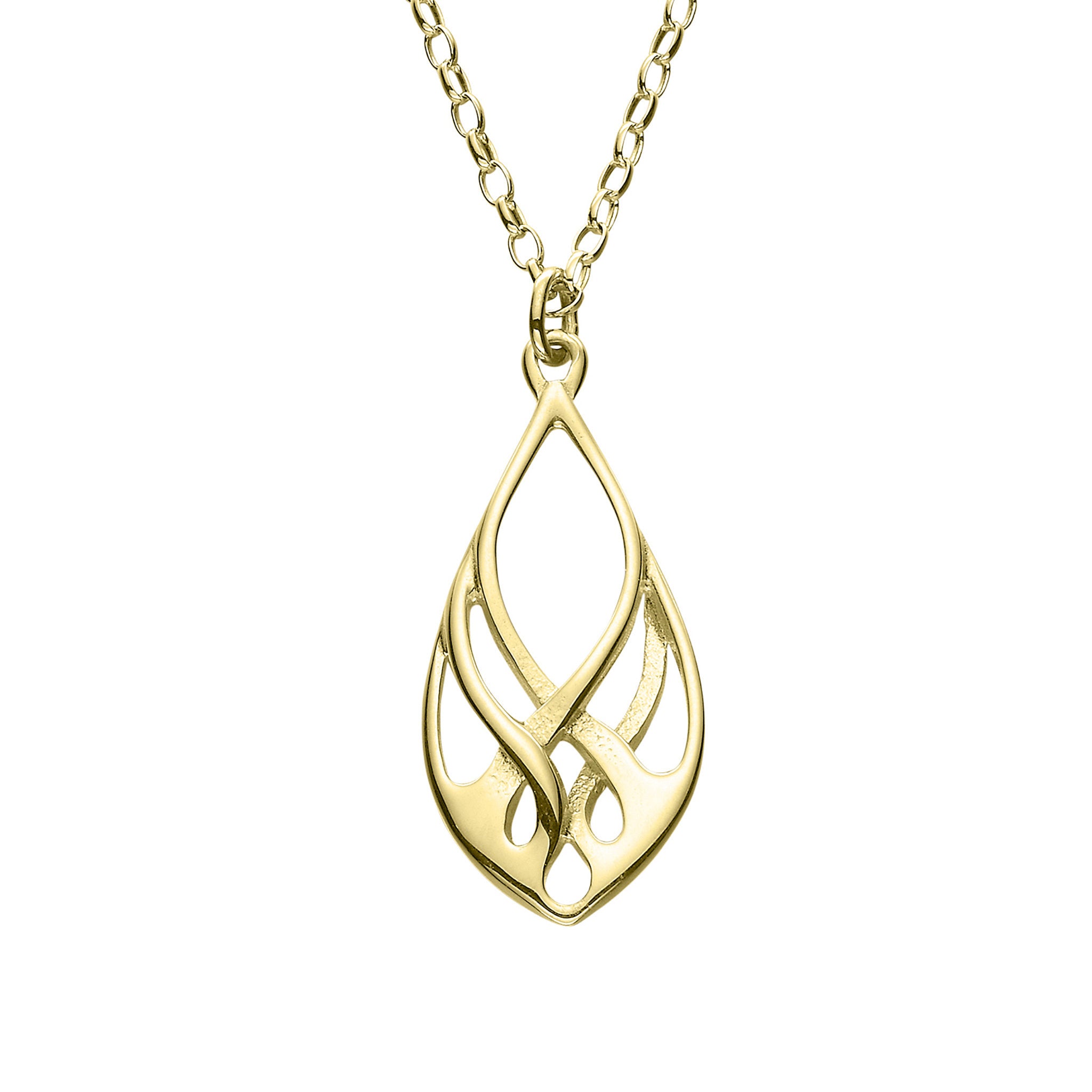 A gold pendant with a teardrop shape featuring a delicate floral design, suspended from a chain.