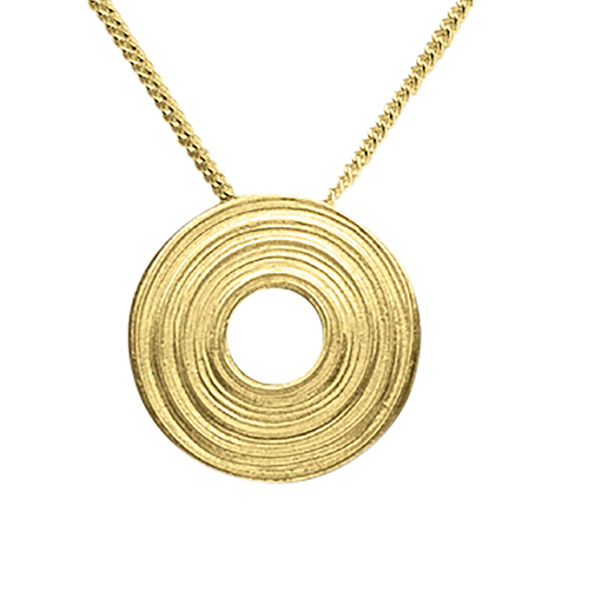 A gold necklace with a central circular patterned pendant