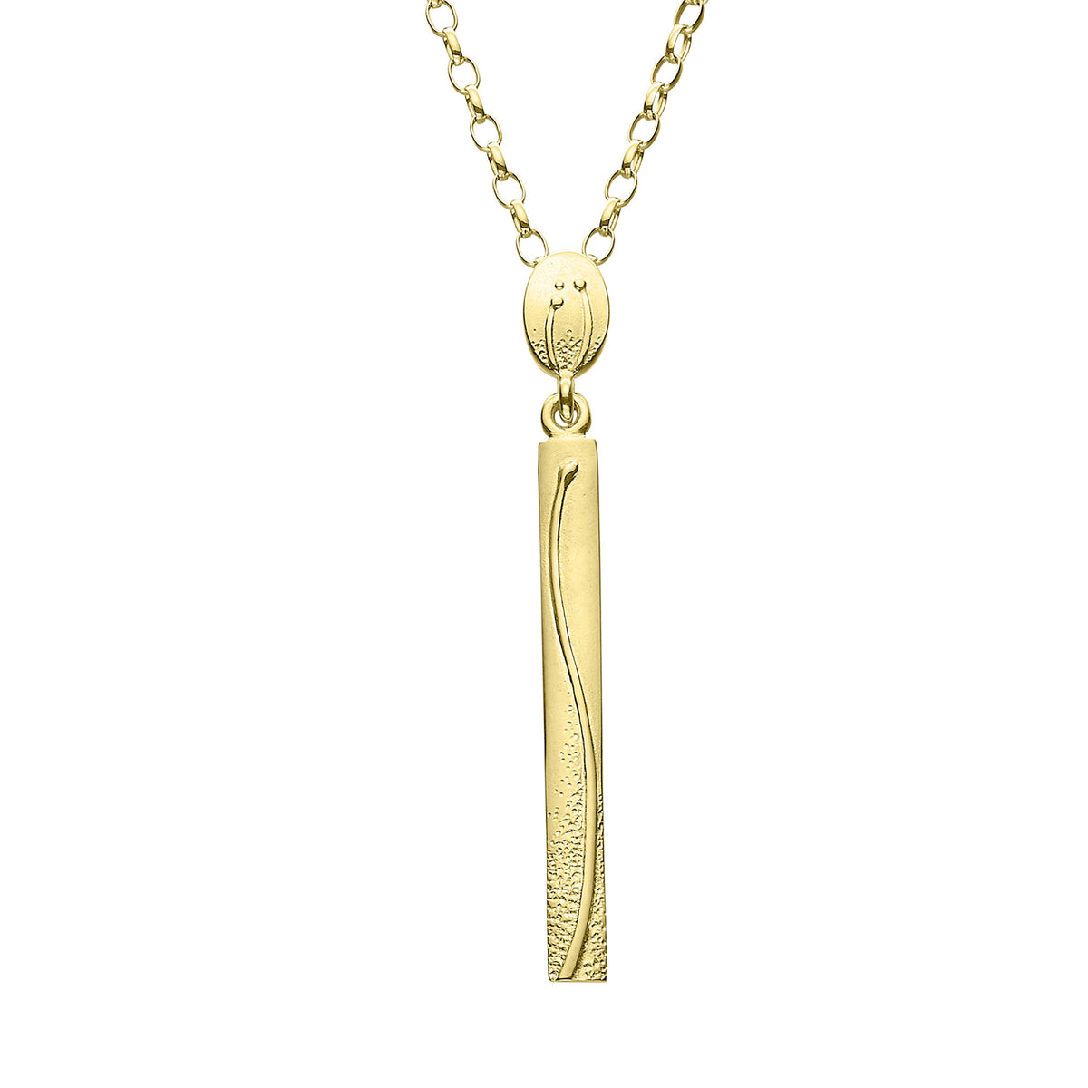 A gold pendant necklace with a long, vertical rectangular pendant, featuring a detailed pattern, displayed against a white background.