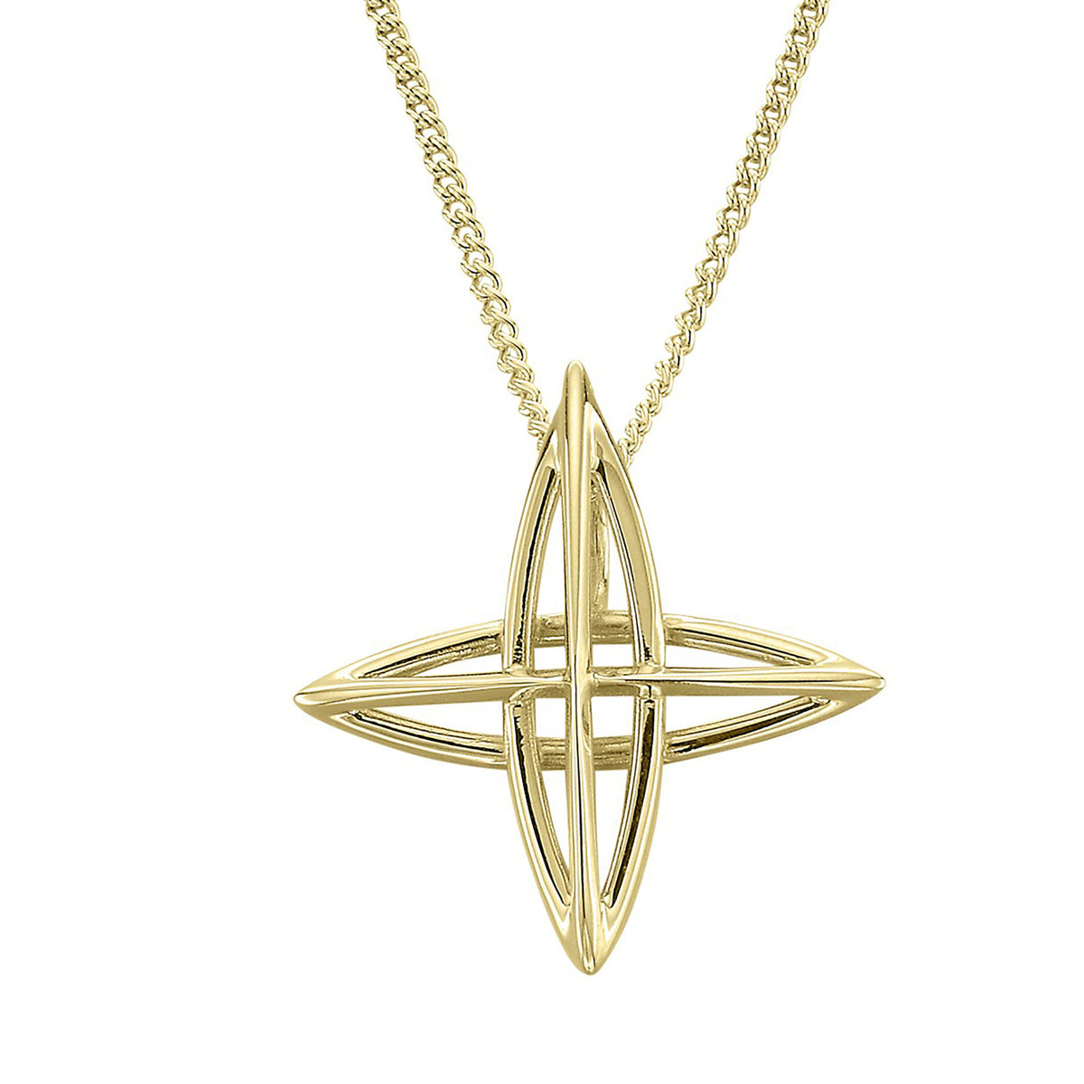 A gold North Star cross pendant necklace against a white background.