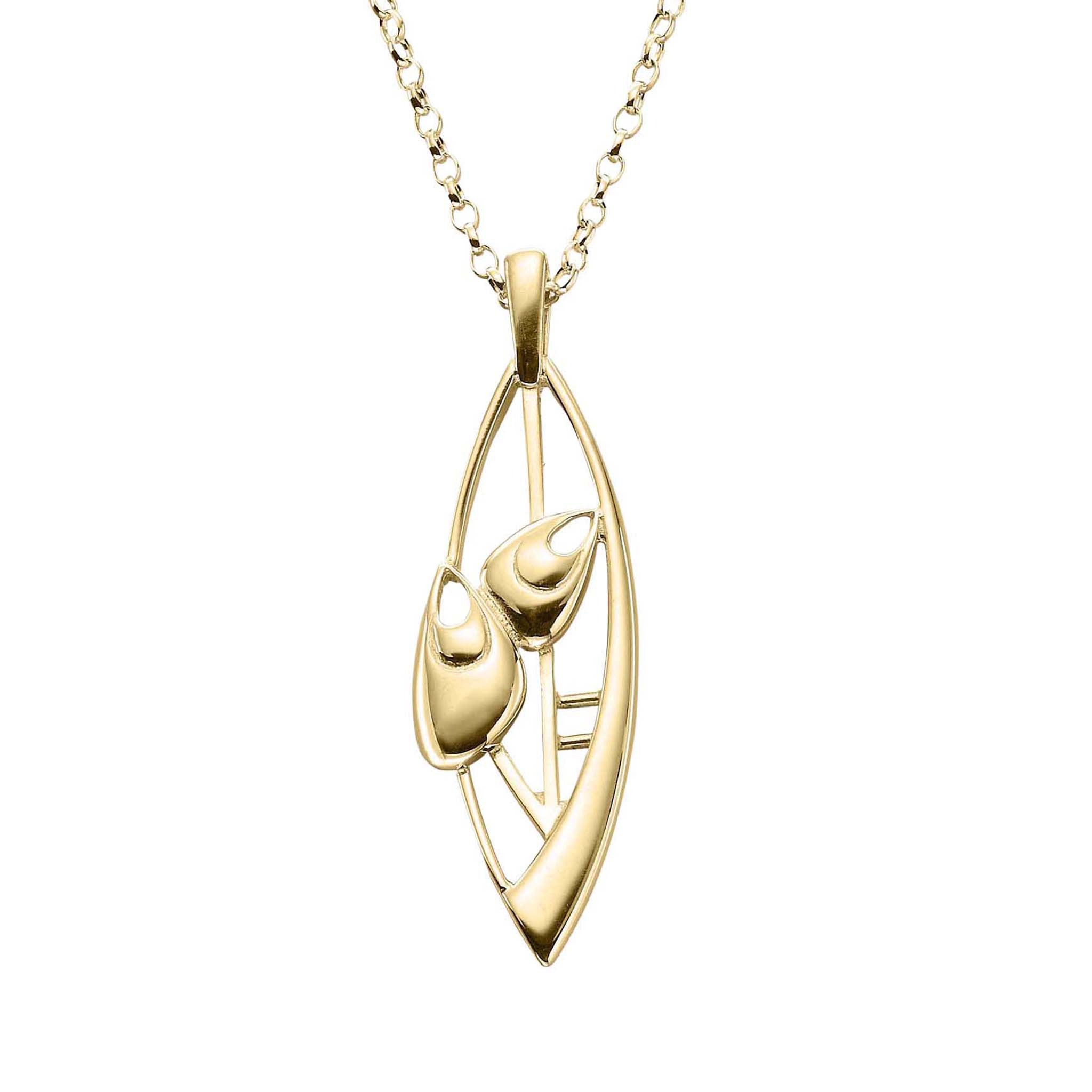 A gold necklace with a modern designed pendant of roses and geometric design