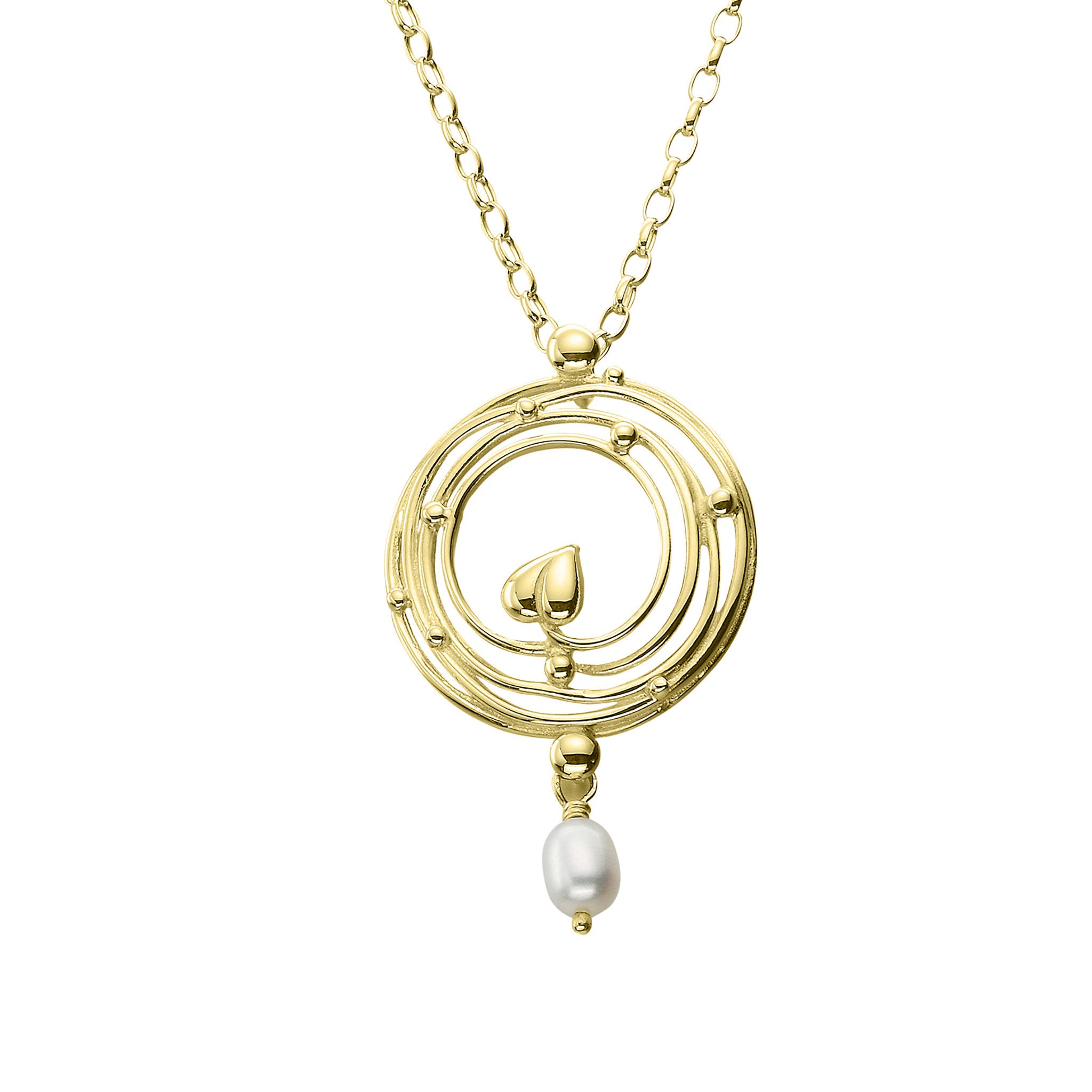 A gold necklace with a round pendant featuring a circular design of stems and little leaves with a drop pearl to finish it off