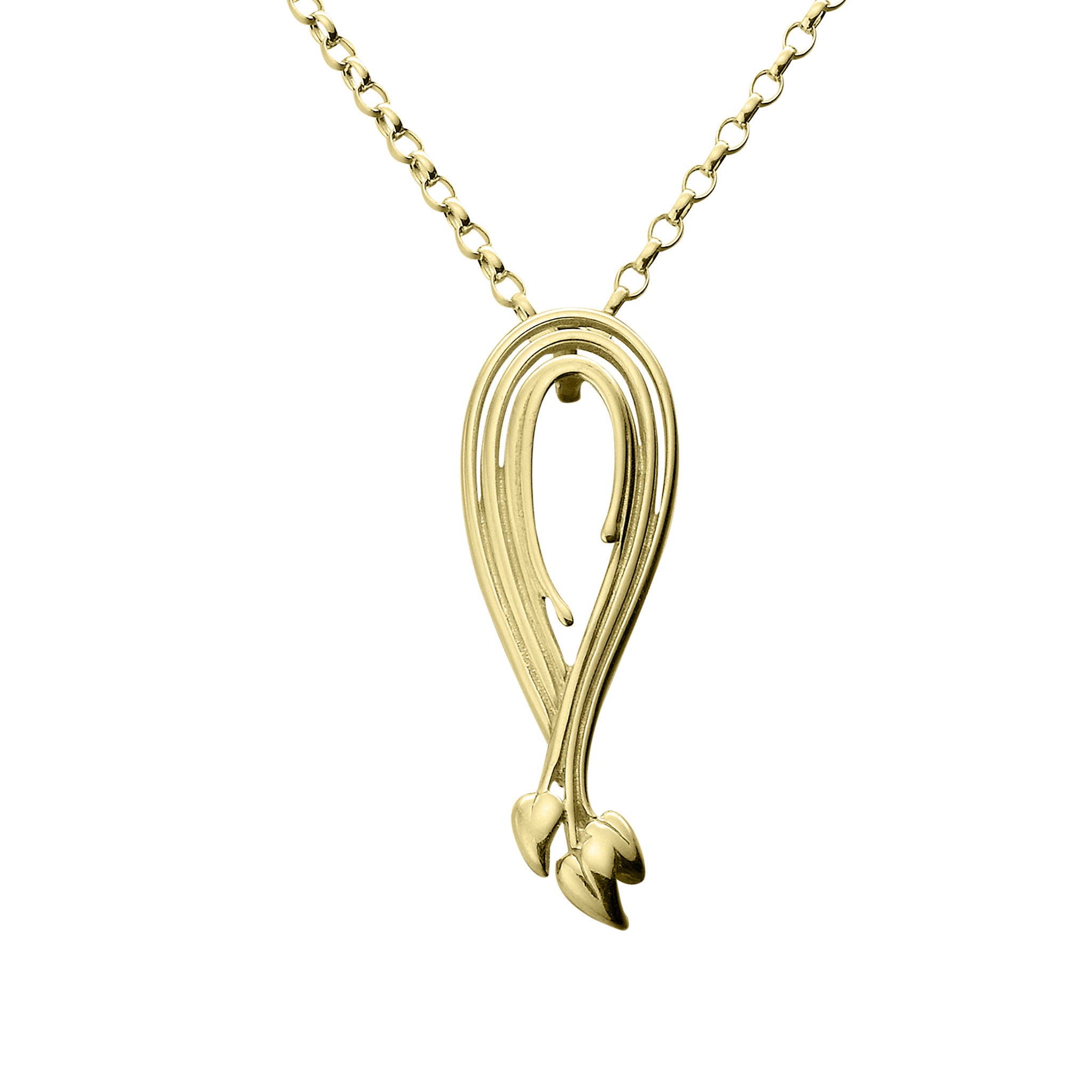 A gold necklace with the pendant featuring a folded stems with little leaves