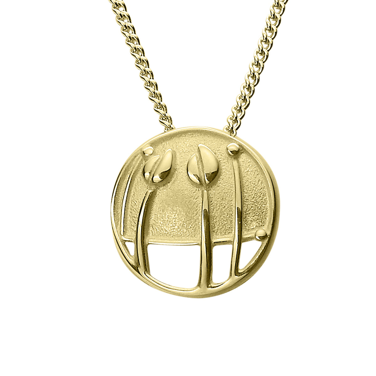 A gold necklace with a circular pendant featuring an abstract design of stems and flowers
