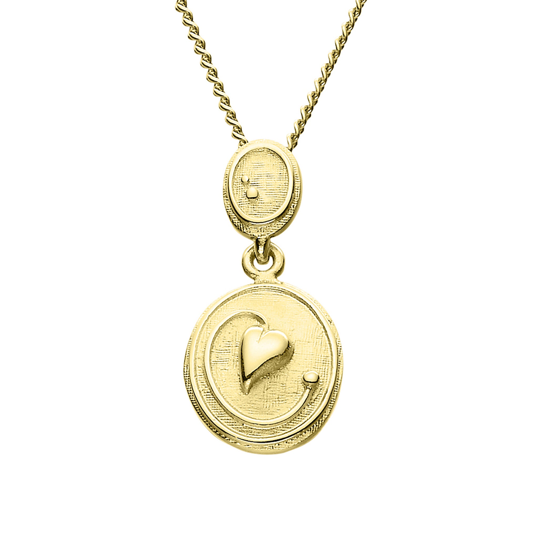 A gold necklace with two little round pendants featuring a single leaf design