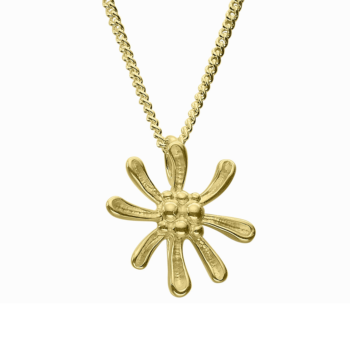 A gold pendant in the shape of a honeysuckle flower with a chain loop at the top.