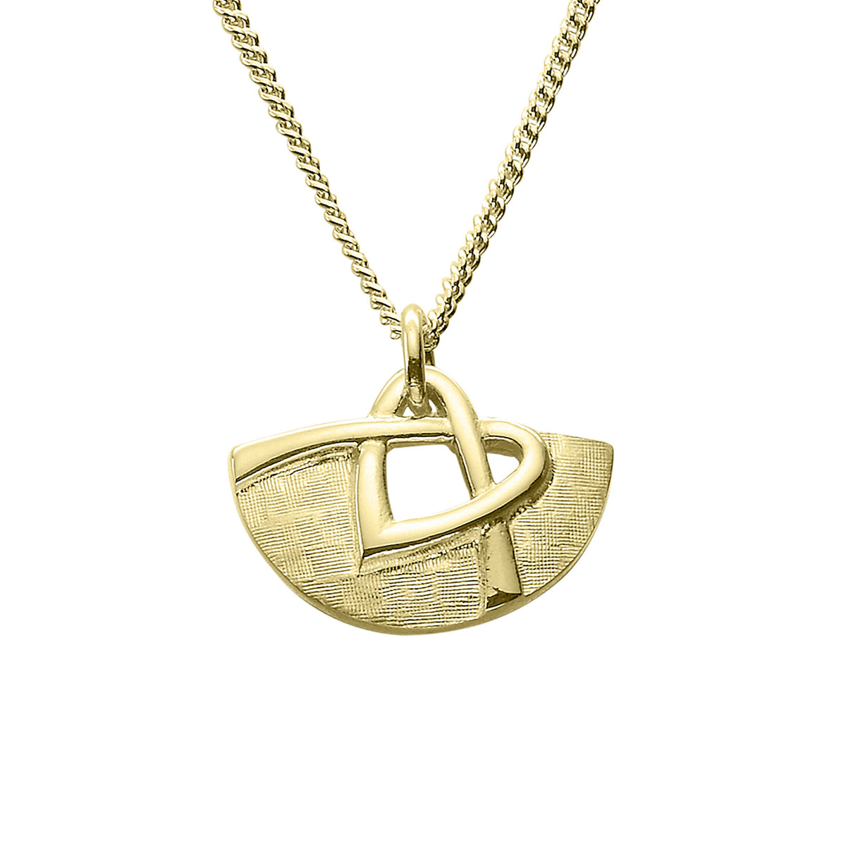 A gold half round pendant necklace with a knotted heart design.