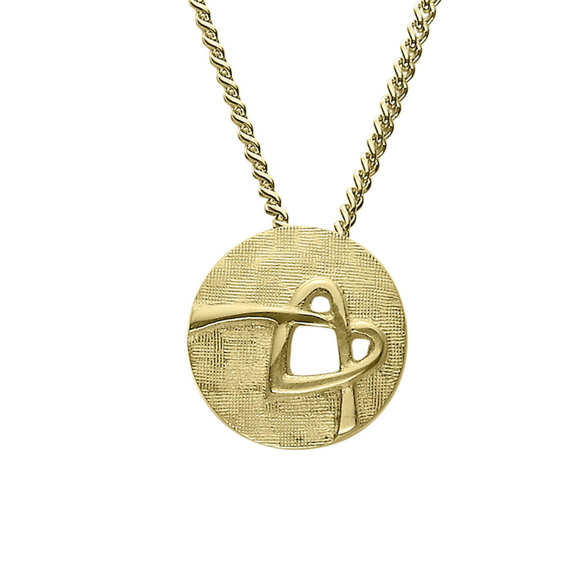 A gold round pendant necklace with a knotted heart design.