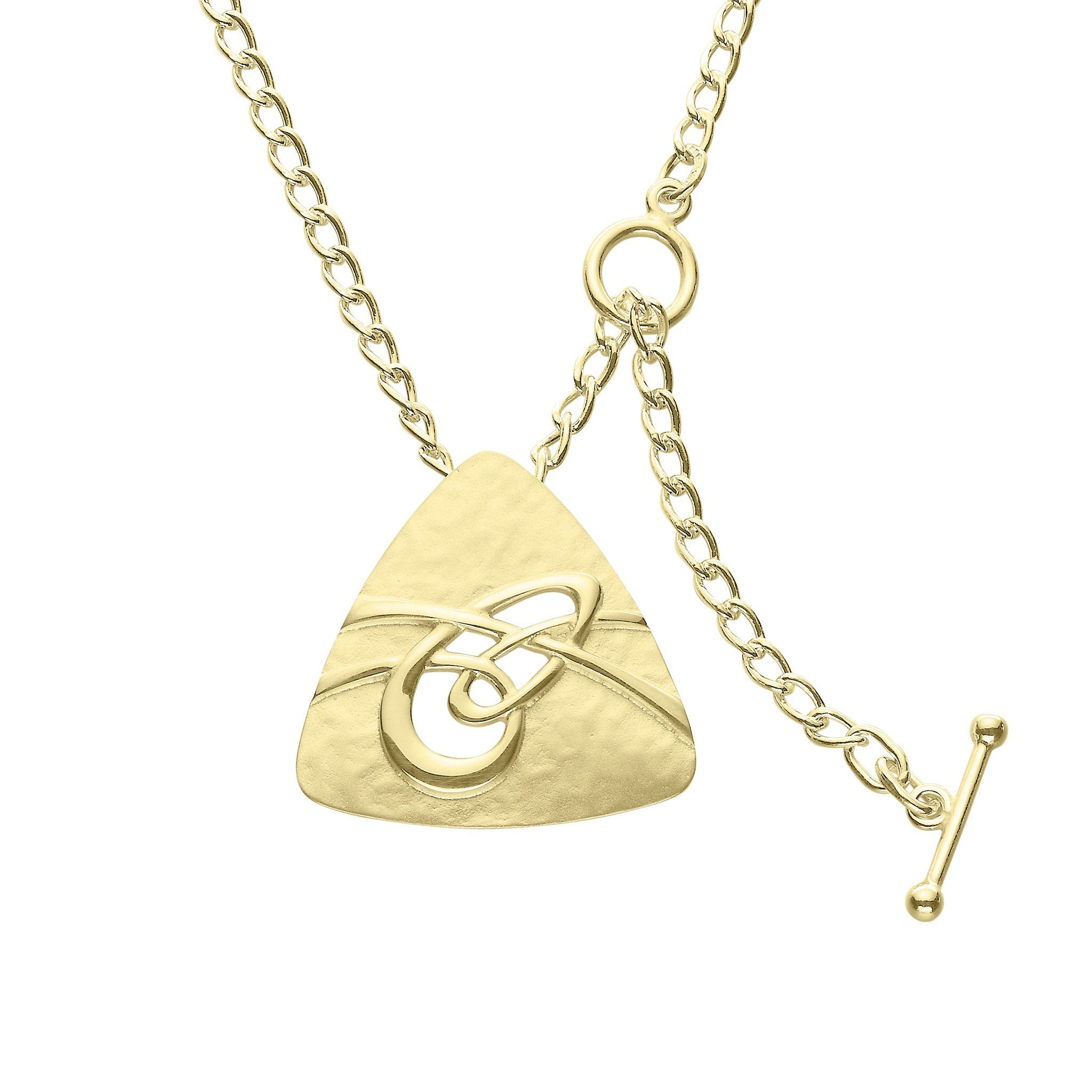 A gold necklace with a silver triangular drop pendant with a knotted pattern finished with a t-bar clasp
