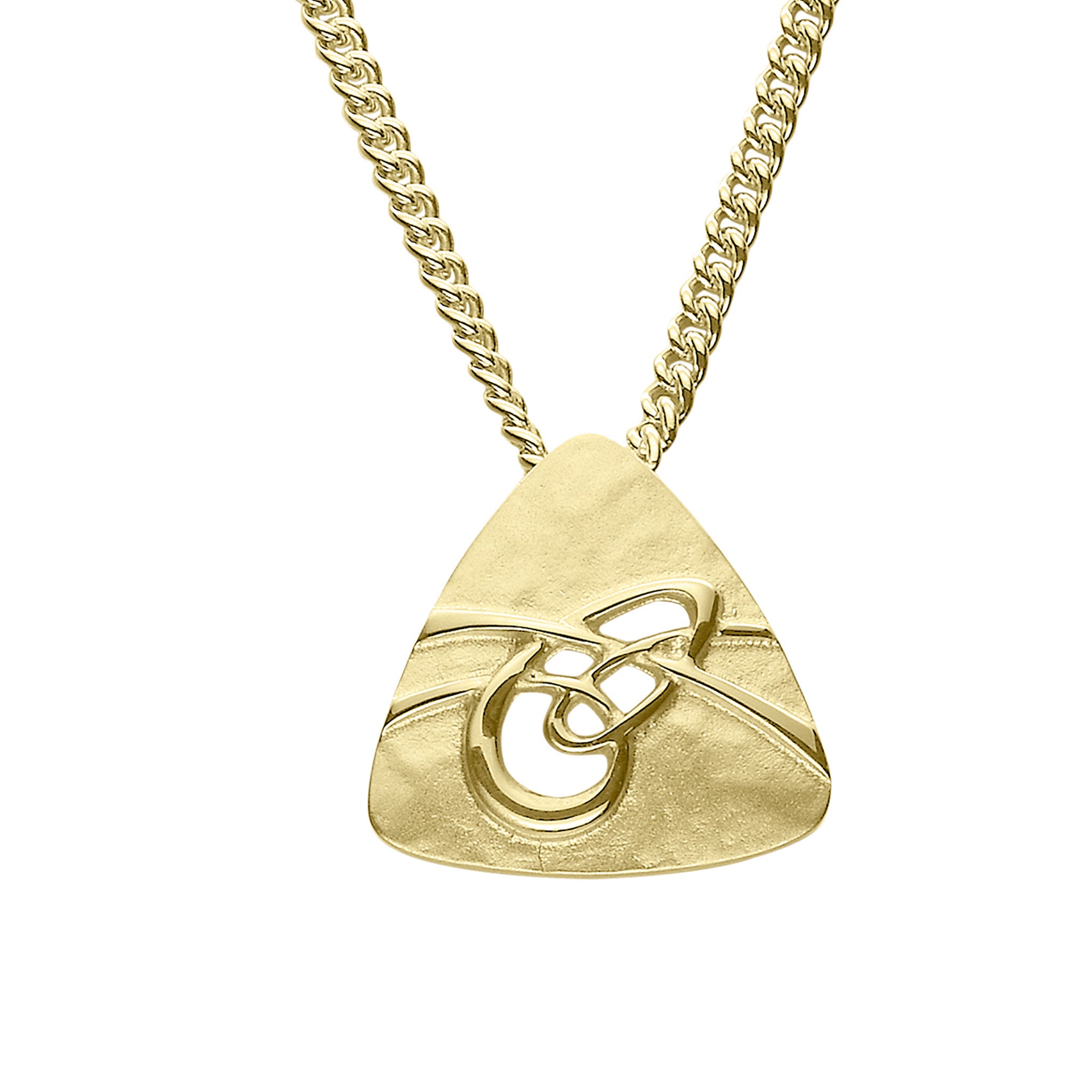 A gold necklace with a silver triangular drop pendant with a knotted pattern