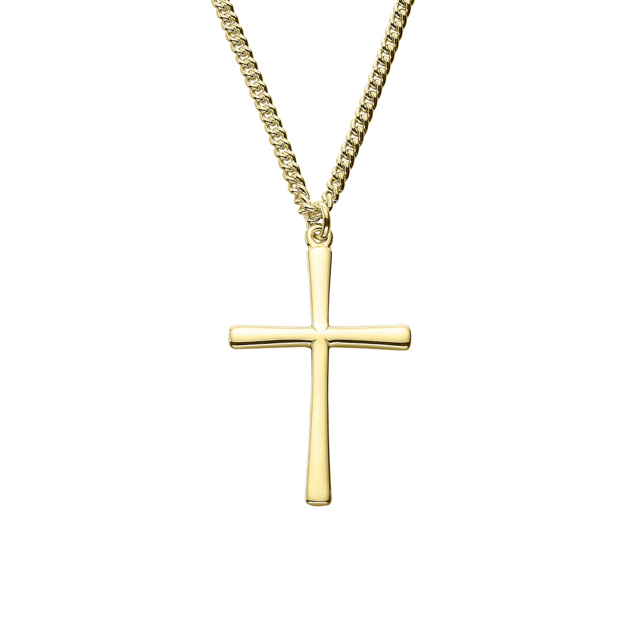 A gold cross pendant on a chain, displayed against a white background.